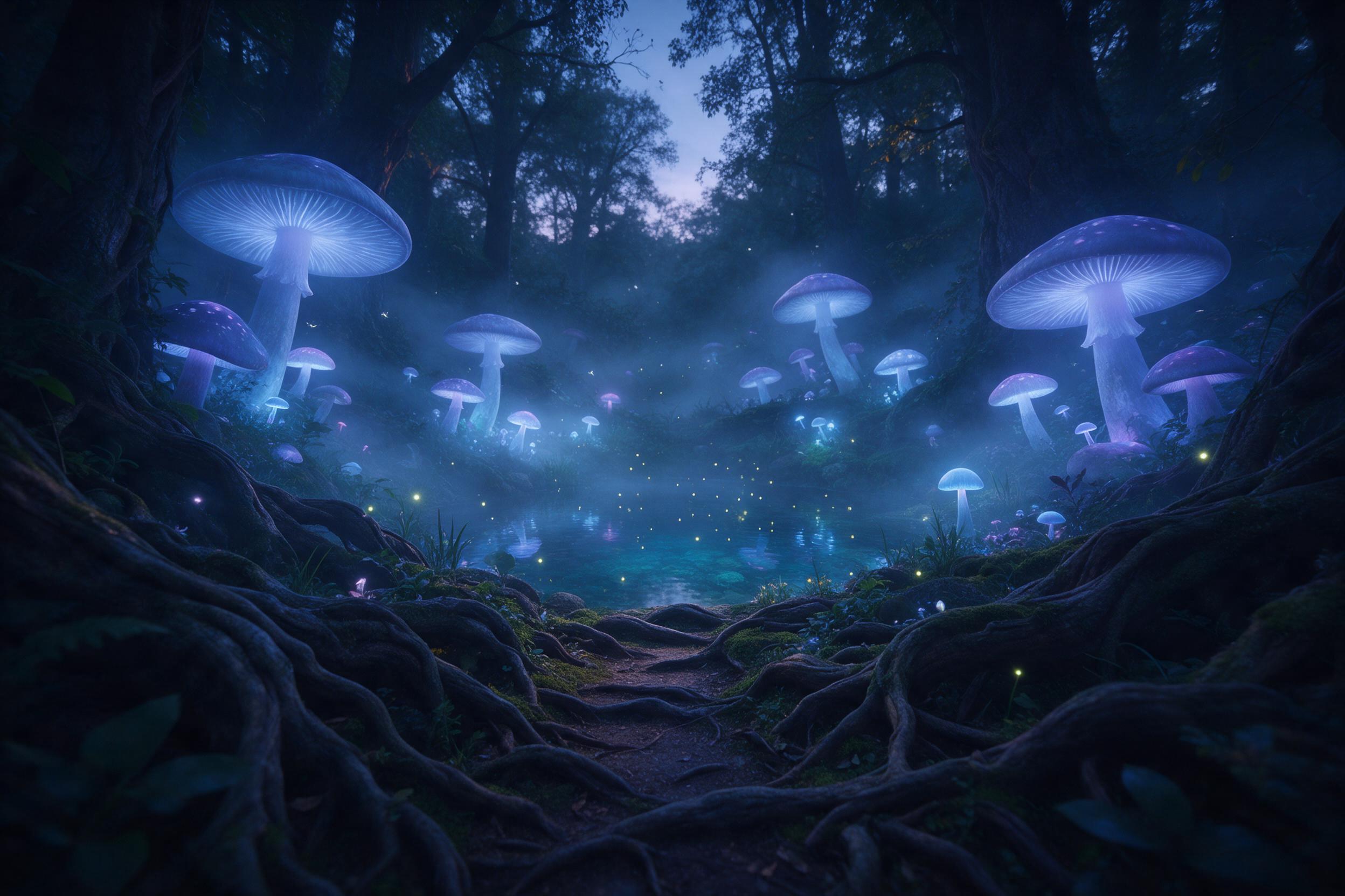 A hidden forest glade at twilight, where giant glowing mushrooms cast soft blue and violet light on a small crystal-clear pond. Fireflies drift above the water, and a narrow mossy path winds between ancient twisted roots. Mist hangs low, diffusing the glow.