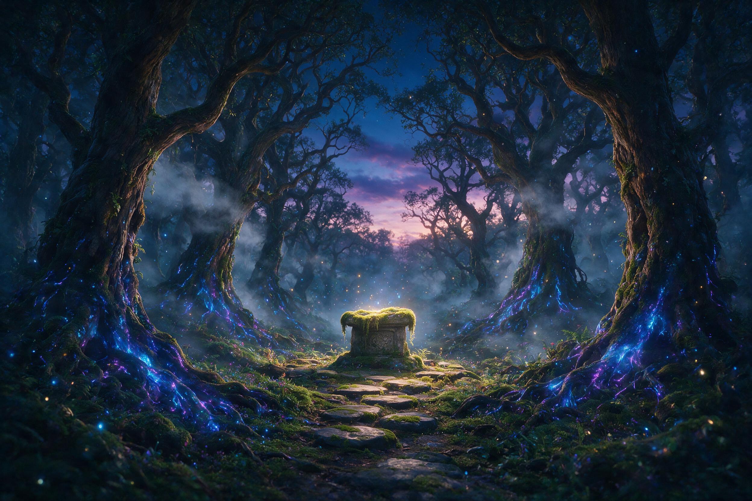 A luminous bioluminescent forest at twilight, ancient trees with glowing blue and purple roots, soft mist weaving through gnarled branches, a small stone altar covered in moss, ethereal light particles floating in the air, shallow depth of field, warm amber and cool violet tones, subtle lens flare, 