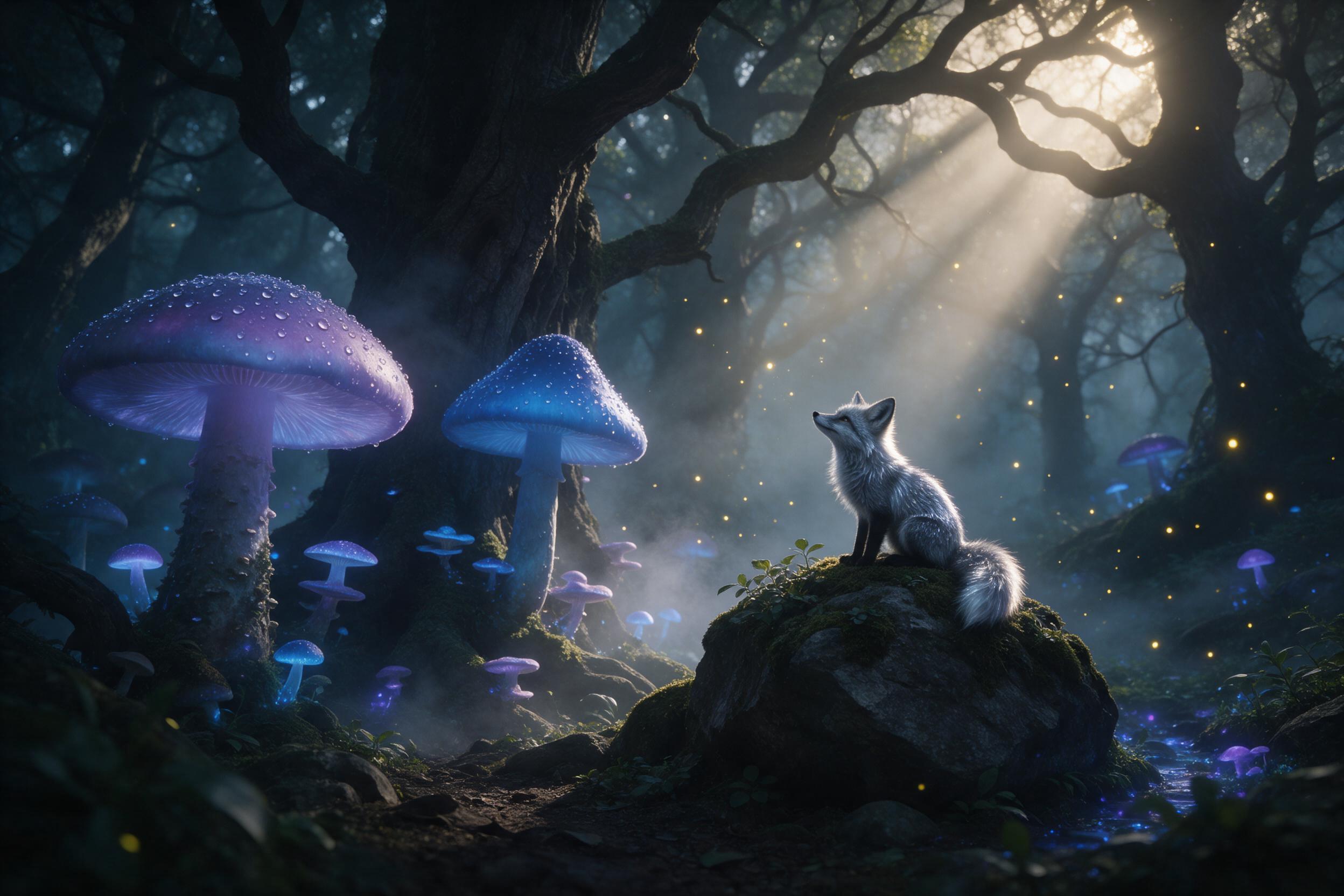 An ancient, misty forest where colossal glowing mushrooms emit soft blue and purple light, their caps covered in dew. A small fox with silver fur sits on a mossy rock, gazing at floating fireflies. Sunbeams pierce through twisted branches, casting long, ethereal shadows. Fine mist swirls around gnar
