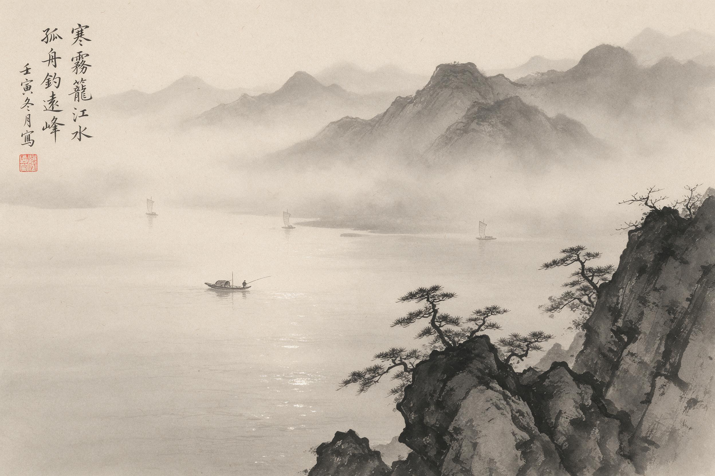 A misty ink-wash landscape with layered mountains fading into pale gray fog, a lone fisherman in a small boat on a vast river, sparse pine trees on jagged cliff edges, minimal brush strokes, subtle silver highlights on water, aged rice paper texture, soft diffused light,muted palette of charcoal and