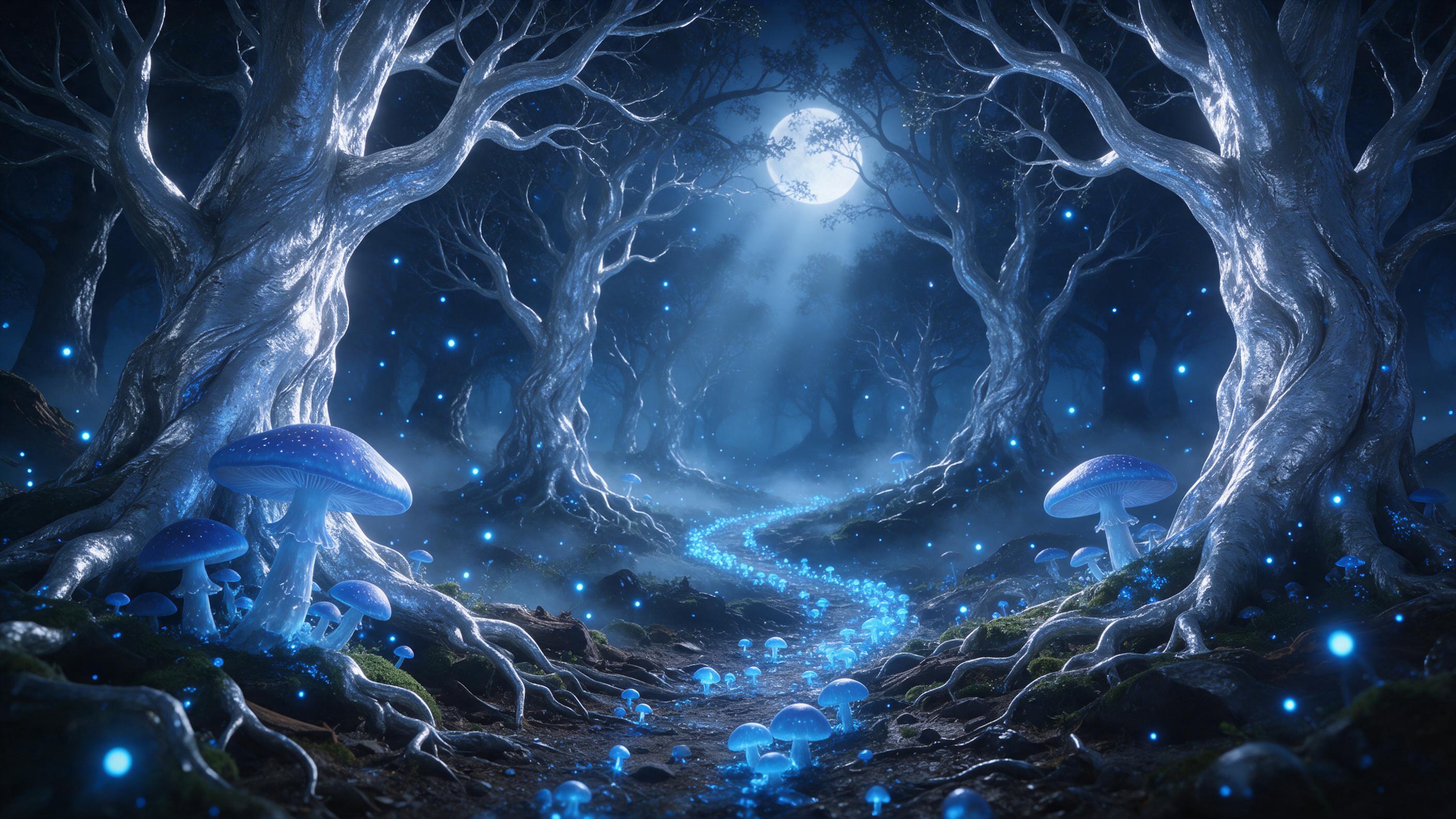 A moonlit enchanted forest with a winding path of glowing blue mushrooms, fireflies drifting like stars, ancient twisted trees with silver bark, soft mist curling around moss-covered roots, volumetric moonlight filtering through the canopy, ethereal and quiet, cinematic wide shot