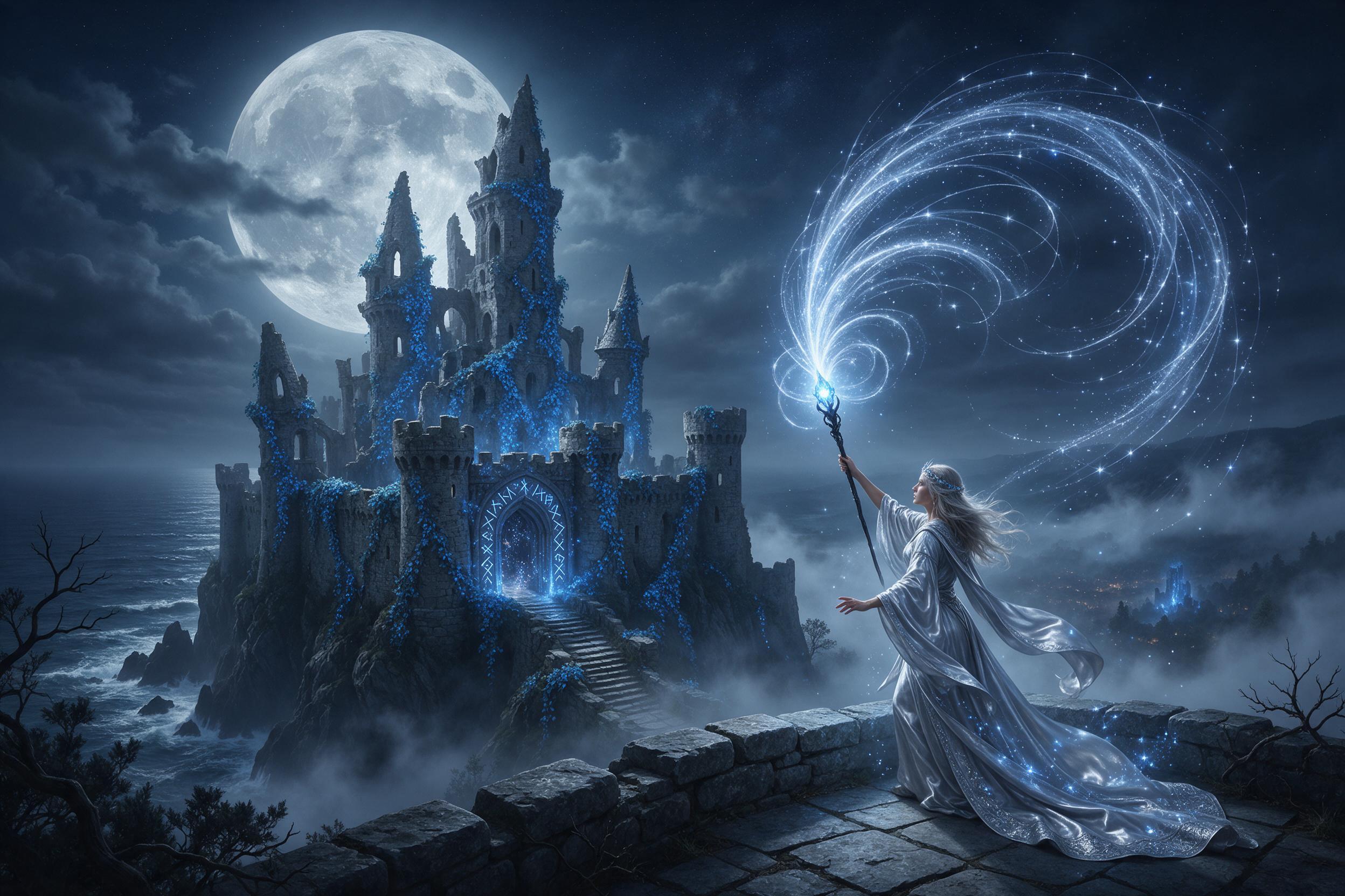 A moonlit ruined castle perched on a cliff, its broken spires draped in glowing blue ivy. A lone sorceress in flowing silver robes summons a spiral of ethereal light from her staff, illuminating ancient runes carved into the stone. Mist swirls below, catching the faint glow of a hidden valley. Compo