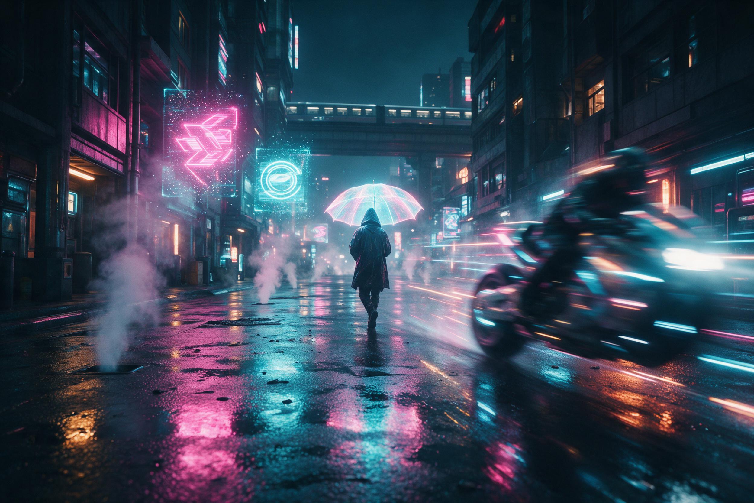 A neon-soaked cyberpunk alley at night, rain-slicked asphalt reflecting holographic signs in pink and cyan, steam rising from vents, a lone hooded figure with a glowing umbrella walking towards a distant monorail track, shallow depth of field, motion blur on passing hoverbike