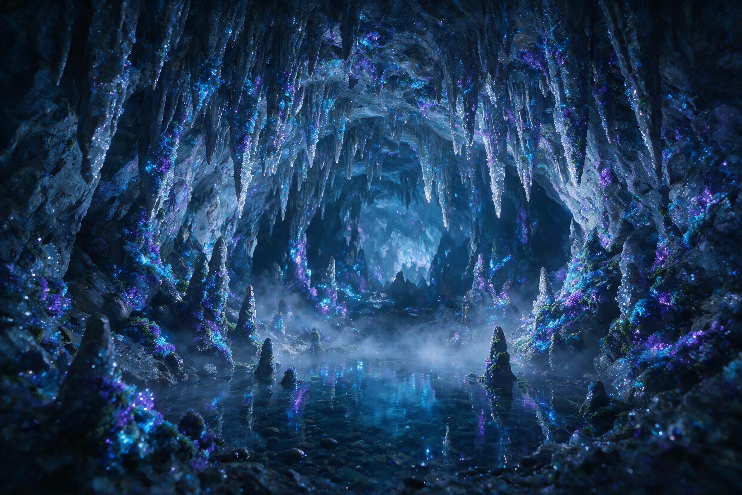 A luminous crystal cave deep underground, glowing blue and purple bioluminescent moss covering jagged stalactites, a small pool of water reflecting the light, soft mist rising, ethereal atmosphere, slight camera shake, natural lighting from the crystals