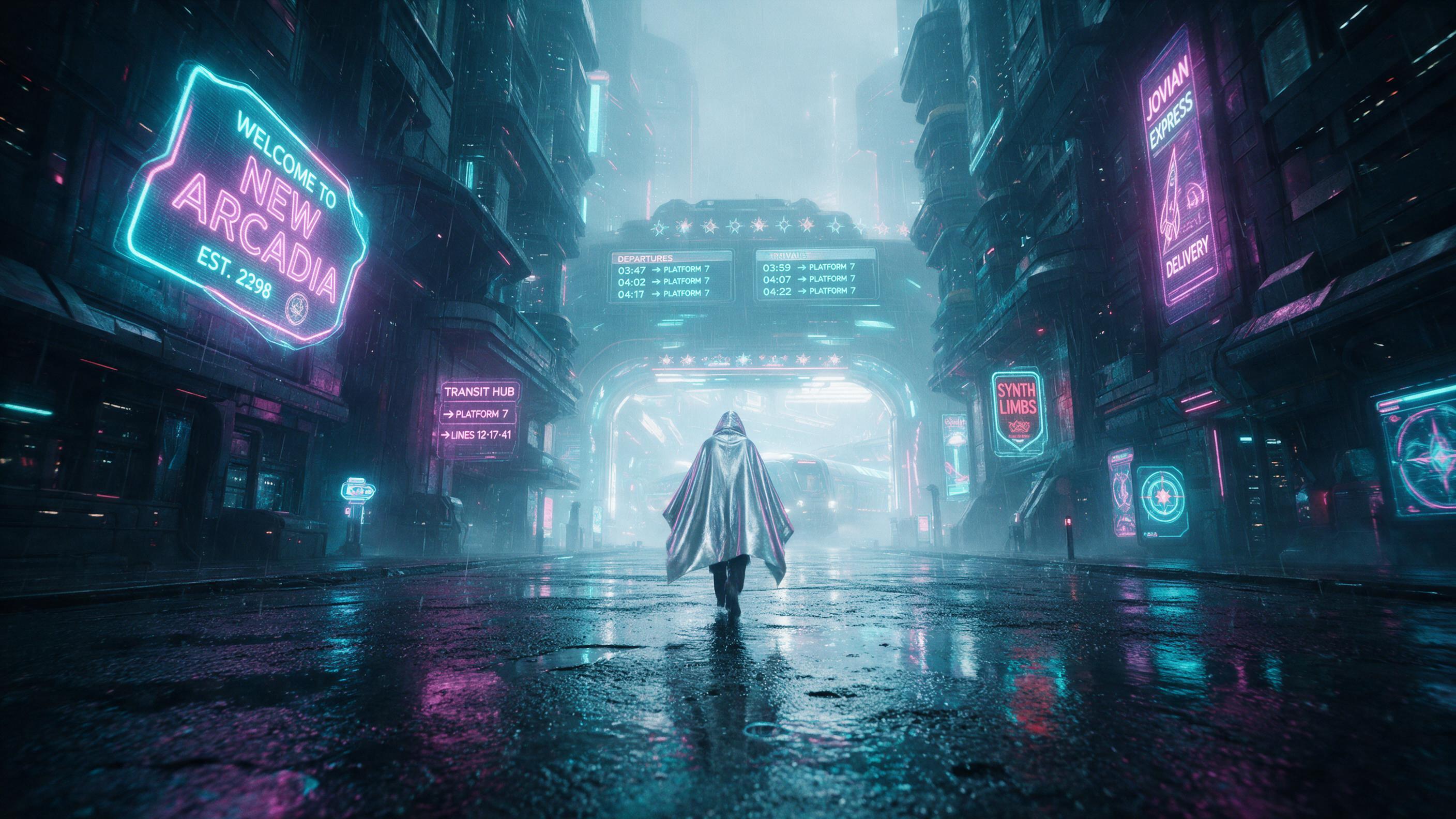 A rain-soaked neon-lit alleyway on an off-world colony, holographic signs flicker in cyan and magenta, wet pavement reflects distorted lights, a lone figure in a sleek silver poncho walks toward a glowing transit hub, atmospheric haze, motion blur on the figure, low angle composition, cinematic cont