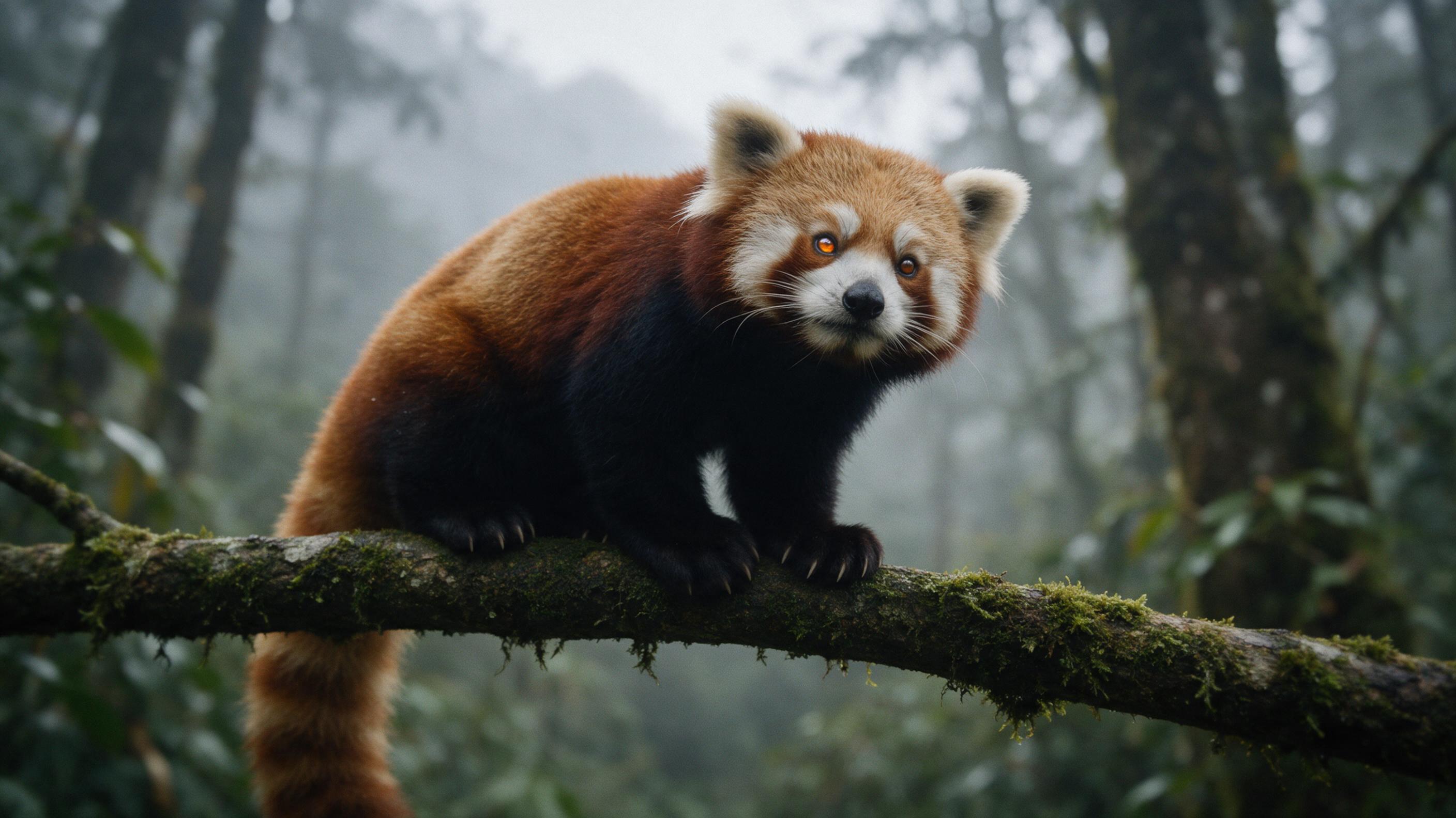 A red panda perched on a mossy branch in a misty Himalayan forest, soft morning light filtering through fog, fur texture with individual hairs, eyes catching light, background blurred in bokeh, natural muted colors, slight film grain for realism.