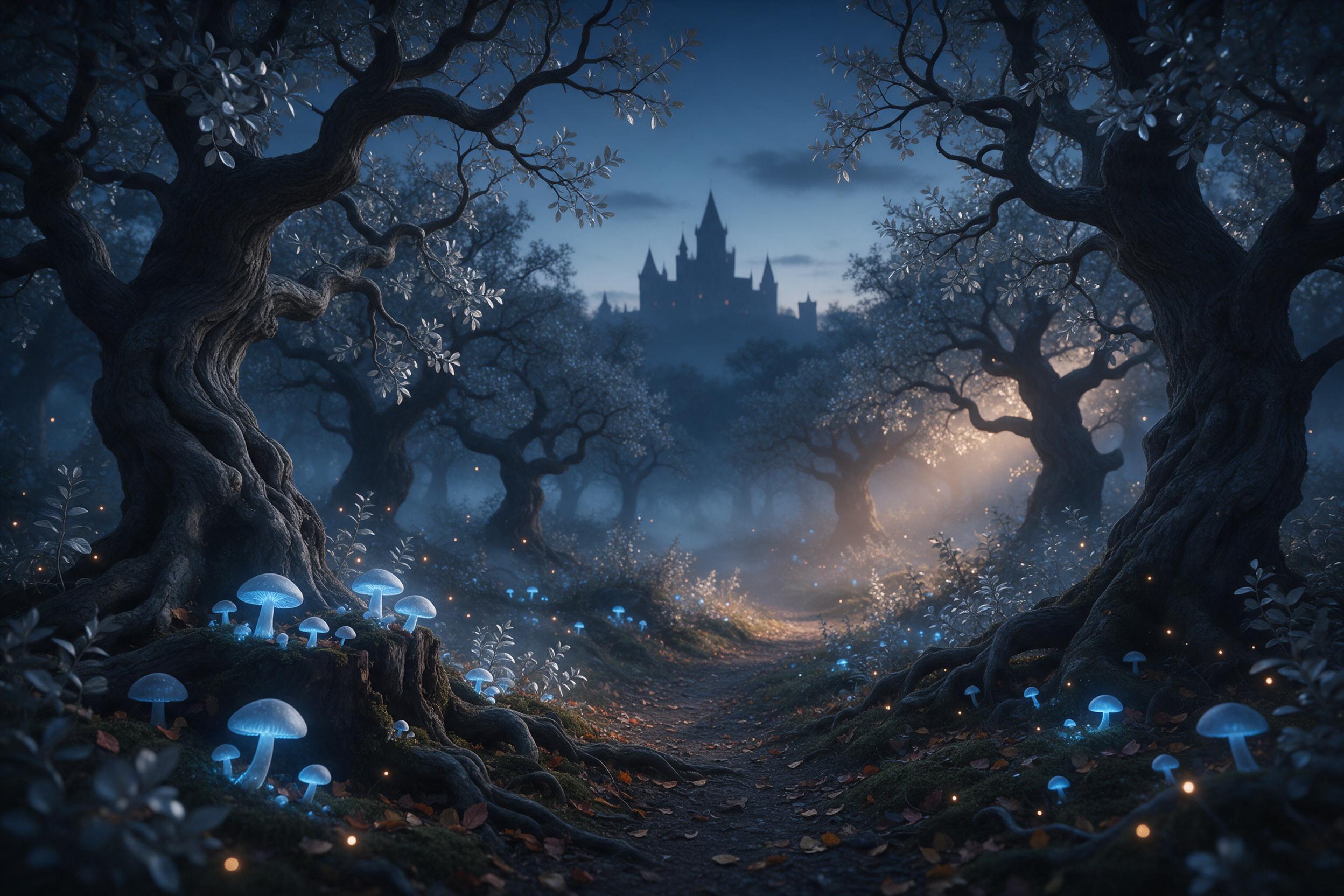 An enchanted twilight forest where bioluminescent mushrooms cast a soft blue glow, ancient twisted oaks with silver leaves, a narrow path leading to a distant castle silhouette, floating fireflies, mist curling low over mossy ground, warm amber light from a hidden clearing, ethereal atmosphere, gent
