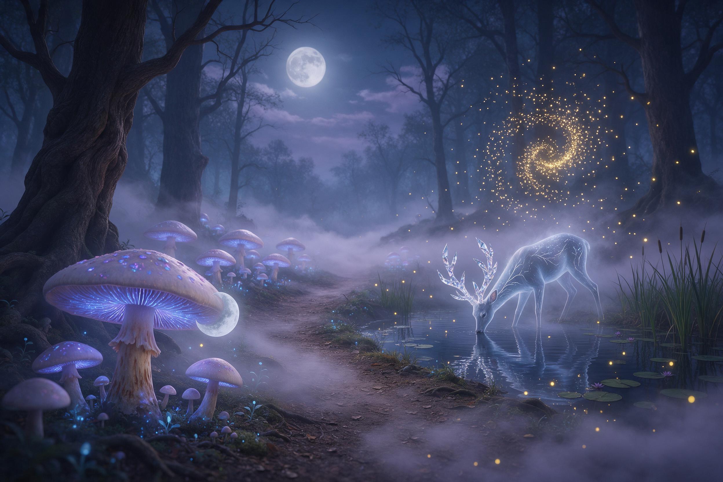 A misty enchanted forest where giant glowing mushrooms illuminate a winding path, spectral deer with antlers of crystal drink from a moonlit pond, fireflies swarm in golden spirals, soft blue and lavender tones, dreamy atmosphere, wide-angle composition with depth of field, gentle fog rolling betwee