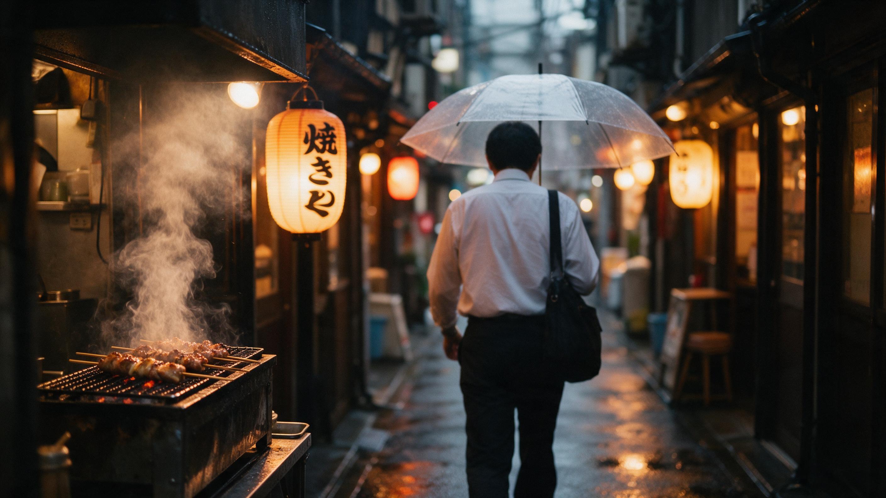 A warm, rain-soaked Tokyo alley at dusk, glowing izakaya lanterns reflecting on wet asphalt, steam rising from a yakitori grill, a lone salaryman with a transparent umbrella walking away, shallow depth of field, cinematic composition, natural ambient light, subtle grain.