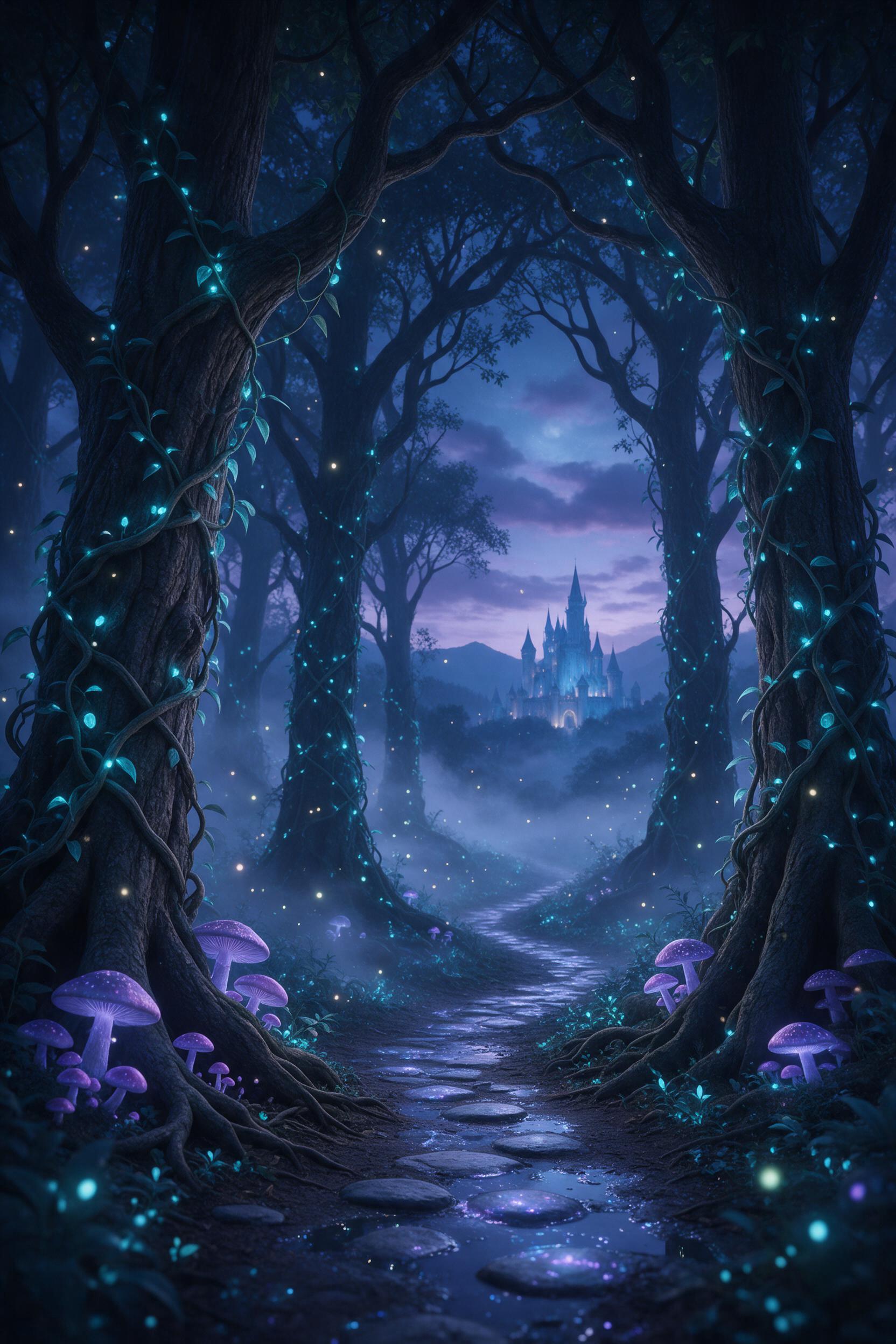 A bioluminescent forest at twilight, ancient trees with glowing teal vines, shimmering purple mushrooms, a winding path reflecting soft light, fireflies as floating lanterns, gentle mist between trunks, composition leading eye to distant ethereal castle, cool blue and violet palette, mysterious atmo