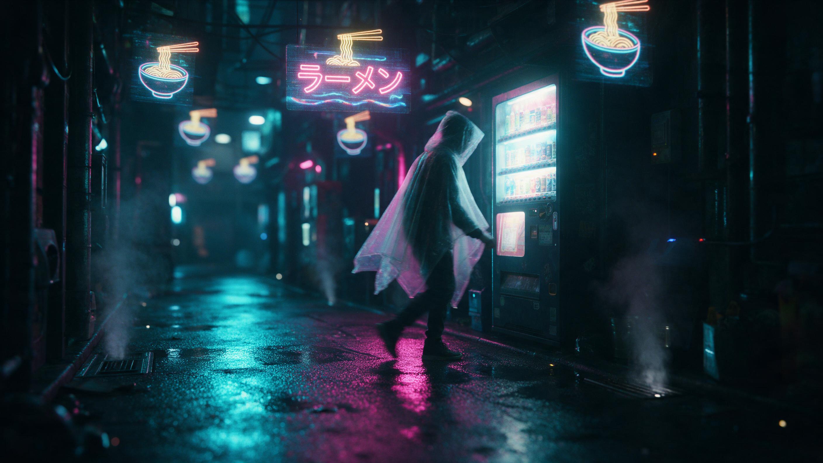 A neon-lit rain-soaked alley in Neo-Tokyo at midnight, holographic ramen signs flickering above, a lone figure in a translucent poncho walking toward a glowing vending machine, steam rising from vents, cyan and magenta reflections on wet asphalt, shallow depth of field, slight motion blur.