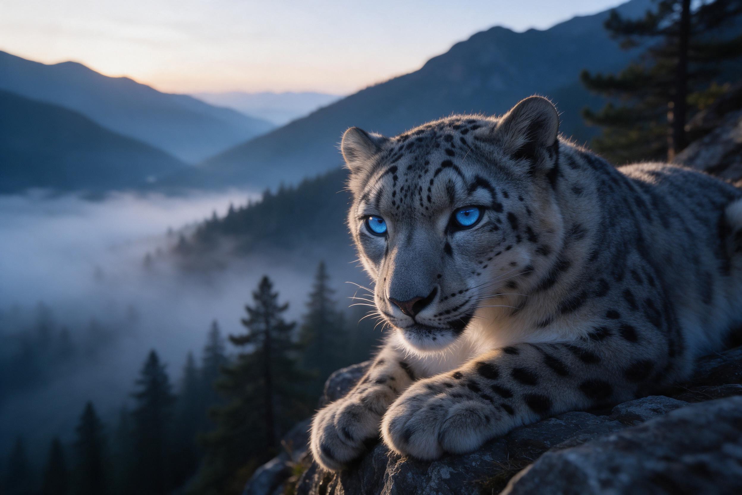 A majestic snow leopard rests on a rocky cliff edge at dawn, its piercing blue eyes catching the first light. Soft mist drifts through the valley below, with pine trees fading into layers of blue haze. The fur texture shows each hair in sharp detail, while the background blurs gently, emphasizing th