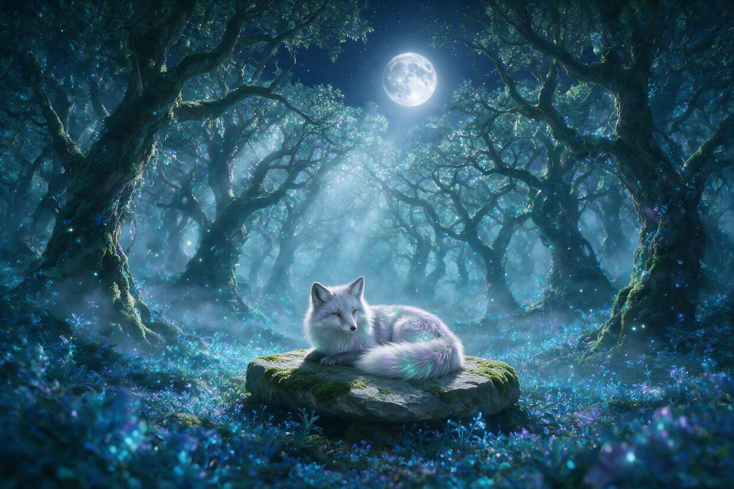 A moonlit crystalline forest with glowing blue flora and floating luminous spores, a silver fox with iridescent fur resting on a mossy stone, soft mist weaving between ancient trees, ethereal light rays piercing the canopy, dreamy atmosphere, gentle color palette of teal and lavender, shallow depth 