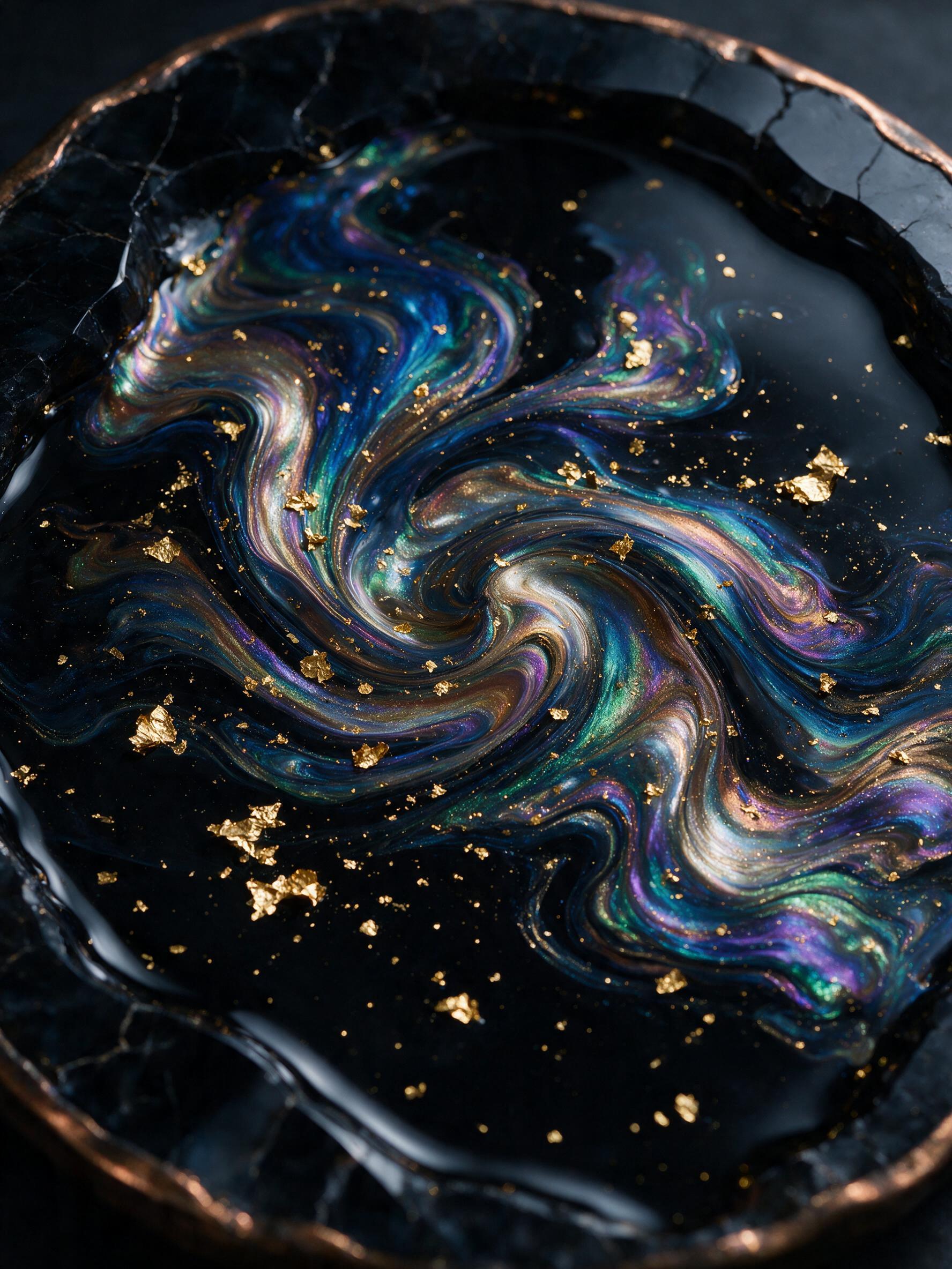 A dynamic fluid art composition, swirling iridescent oils merging in a dark obsidian pool, subtle gold leaf flakes catching soft edge lighting, high-contrast macro view, gentle reflections, no text, no watermarks