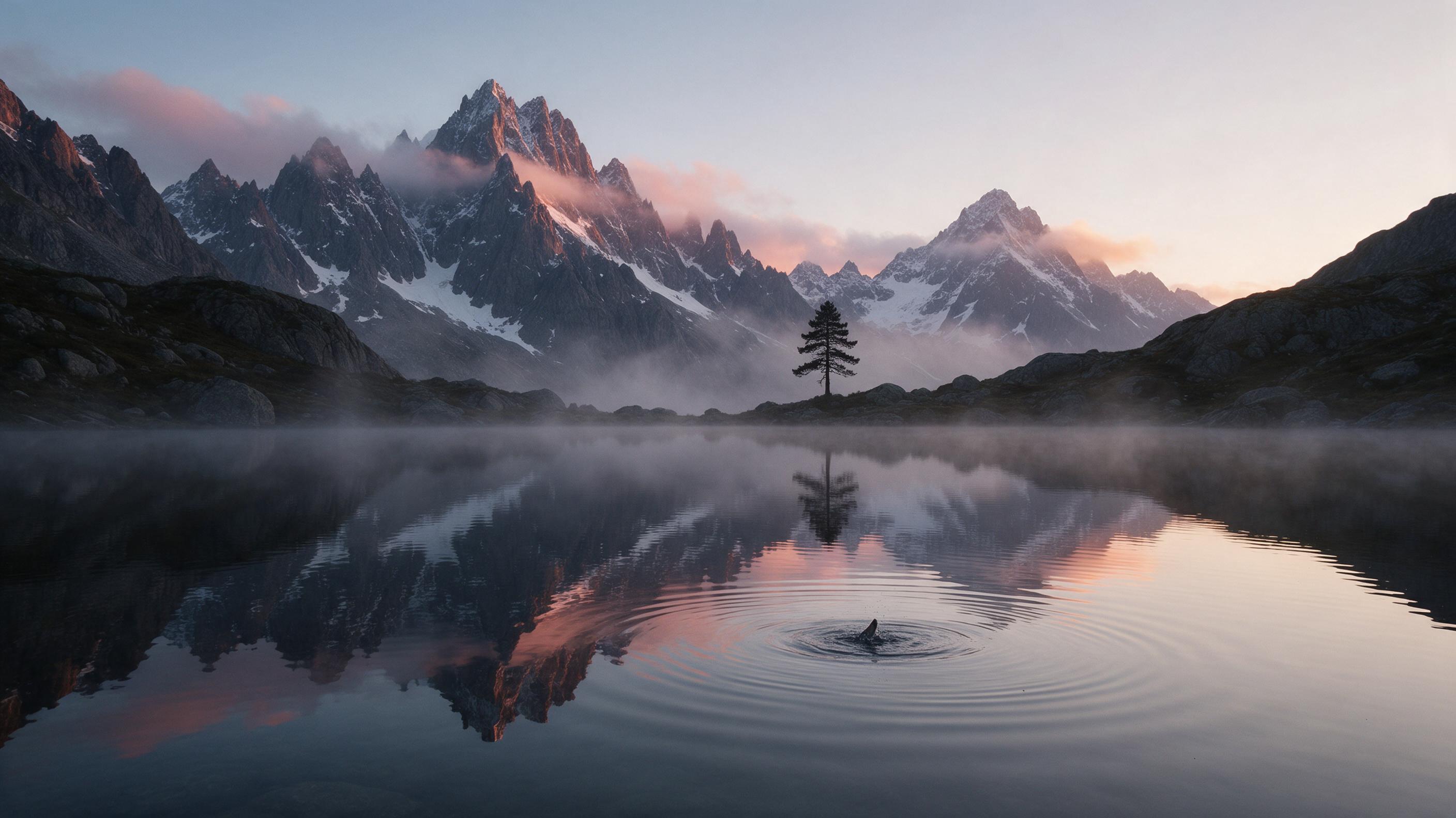 A serene alpine lake at dawn, mirror-like surface reflecting jagged snow-dusted peaks, soft pink and orange alpenglow creeping over the ridges, wisps of mist curling above the water, a lone pine silhouette on the rocky shore, gentle ripples from a rising fish, muted natural palette, wide-angle compo
