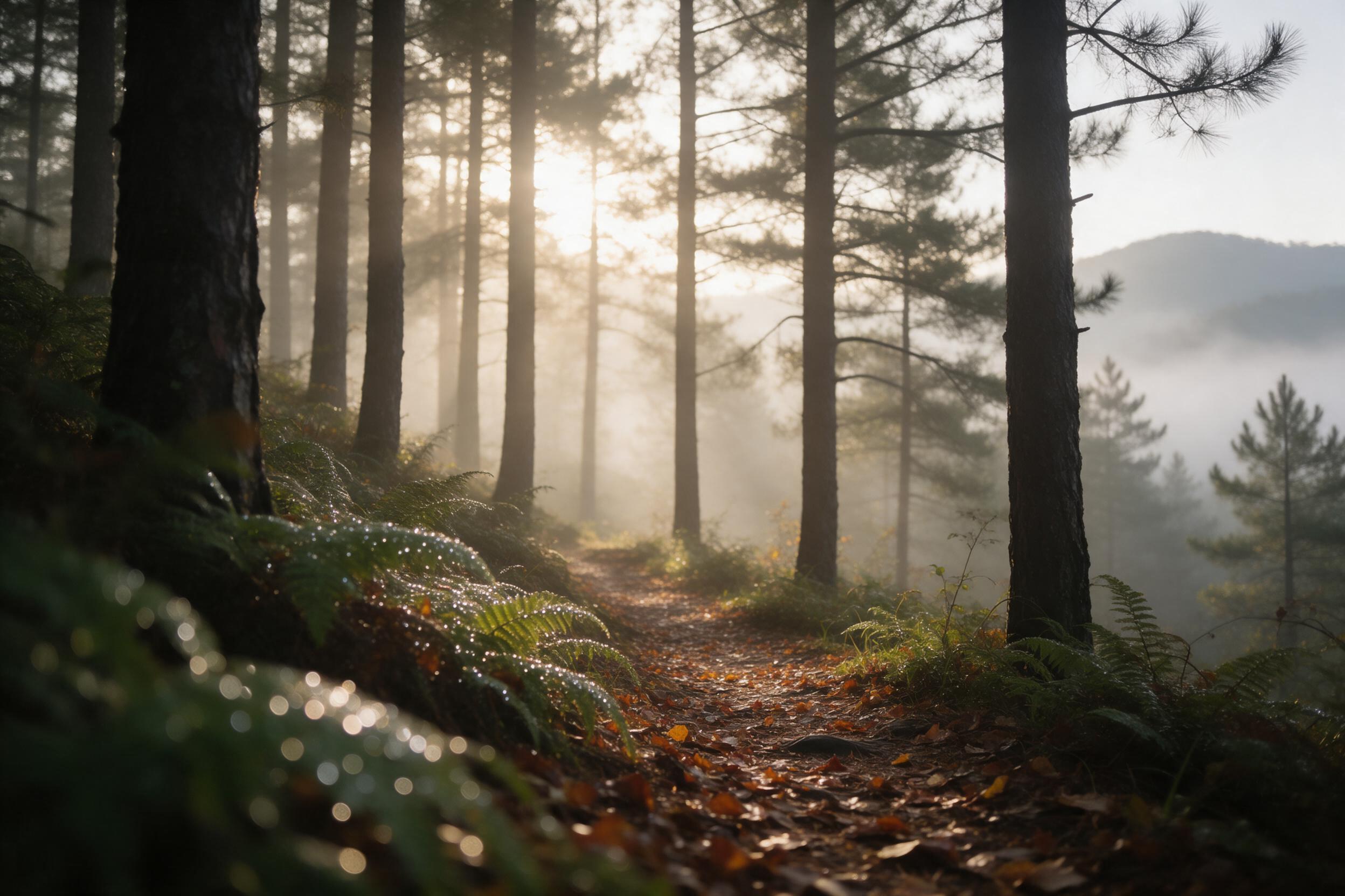 Misty pine forest at dawn, soft golden sunlight filtering through tall trees, a narrow winding trail covered with fallen leaves, dew drops on ferns, distant mountains shrouded in fog, serene atmosphere, warm color palette, shallow depth of field with bokeh, natural lighting.