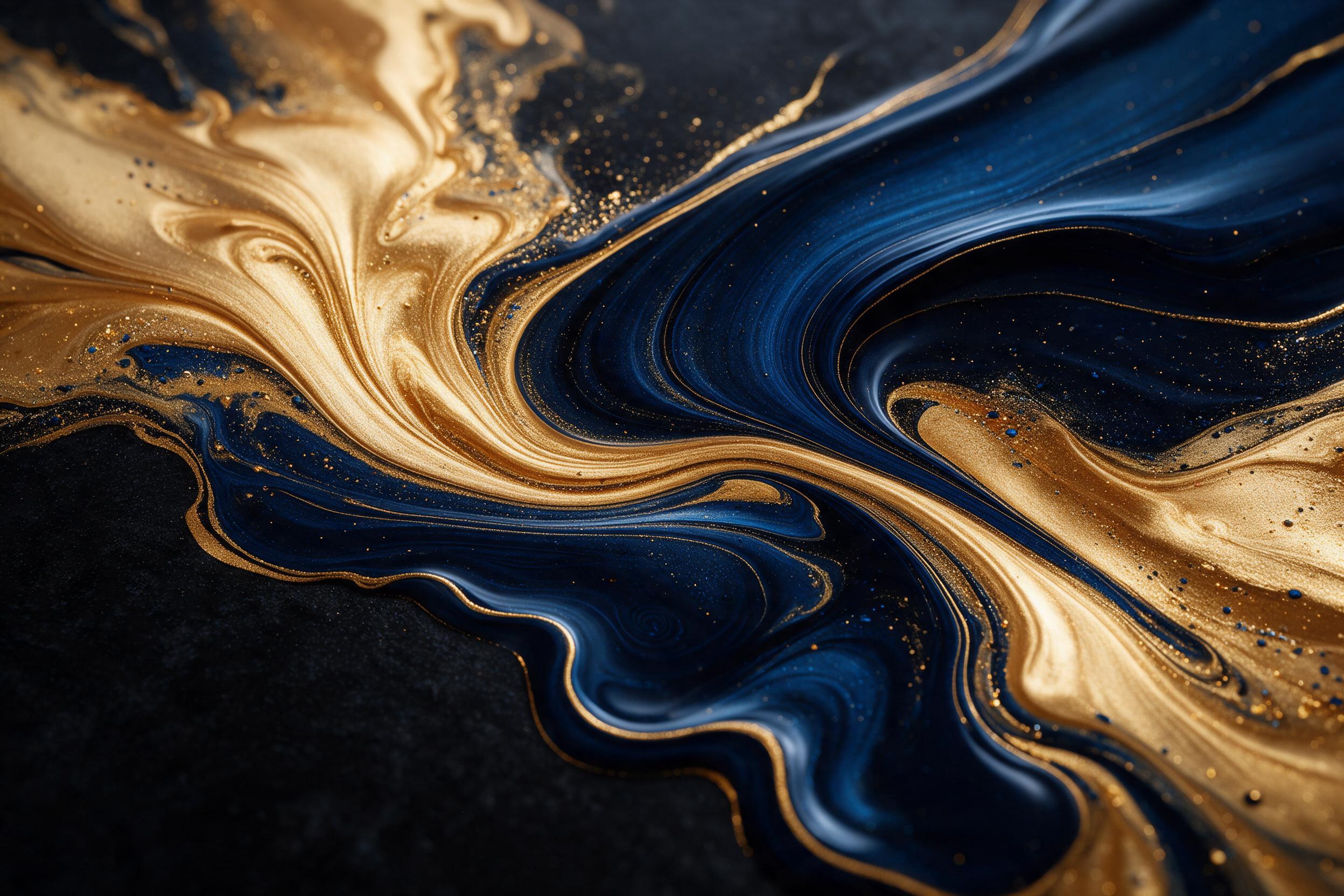 Fluid art of molten gold and deep indigo colliding on black stone, swirls with metallic specks, soft studio lighting, shallow depth of field, macro shot, no text, no watermark, clean edges