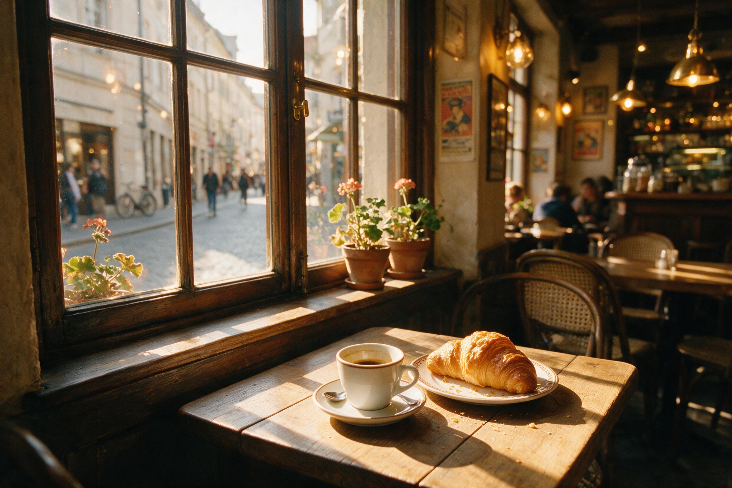Golden hour light streams through a vintage cafe window, casting warm shadows on a wooden table with a half-empty espresso cup and a croissant. Soft bokeh in background, slight film grain, natural lighting, 35mm lens, candid street photography style.