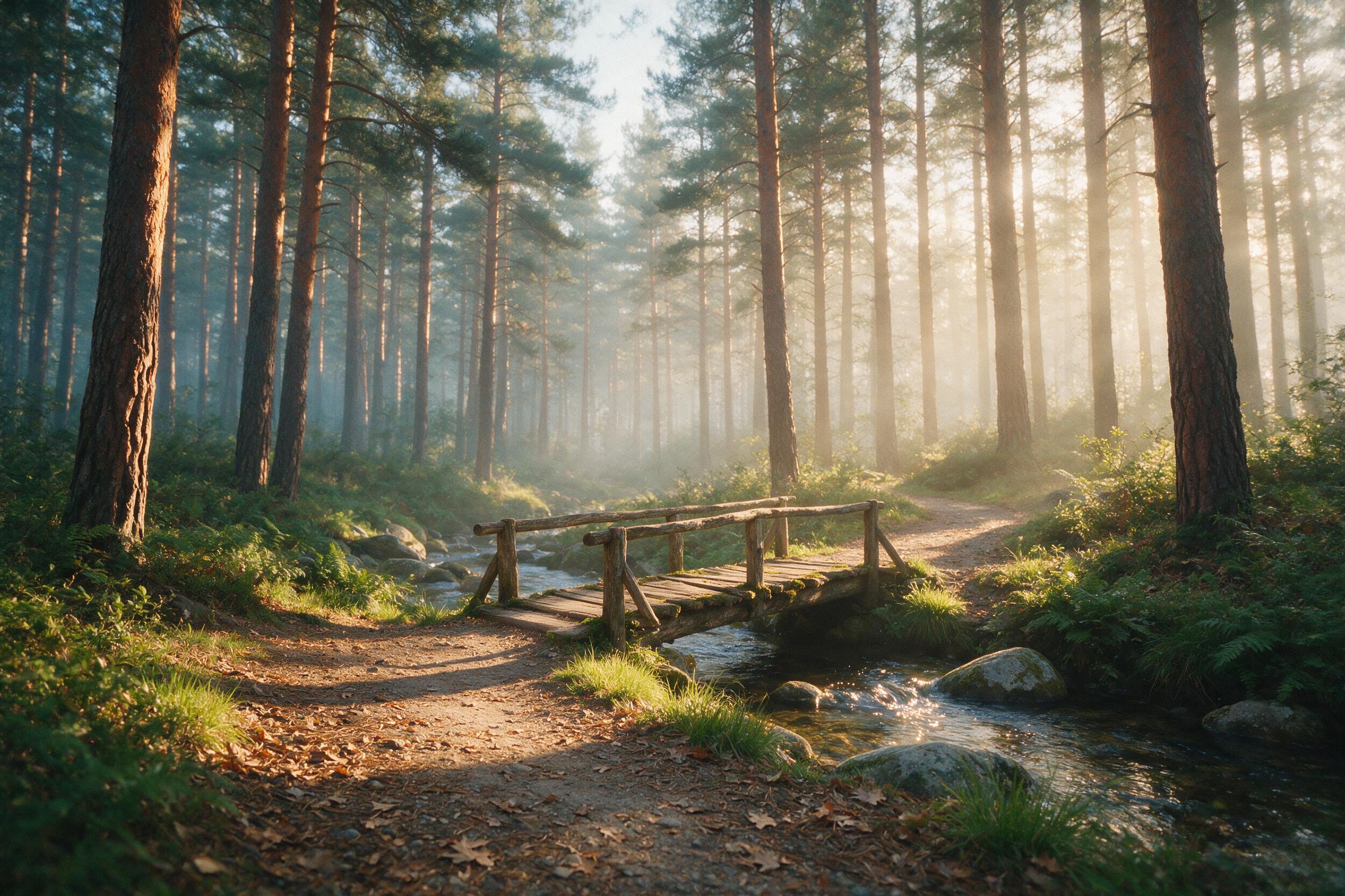 A misty pine forest at dawn, soft golden light filtering through tall trunks, winding dirt path covered in fallen leaves, a small wooden bridge over a stream, long shadows, gentle haze, quiet atmosphere, slight film grain, shallow depth of field