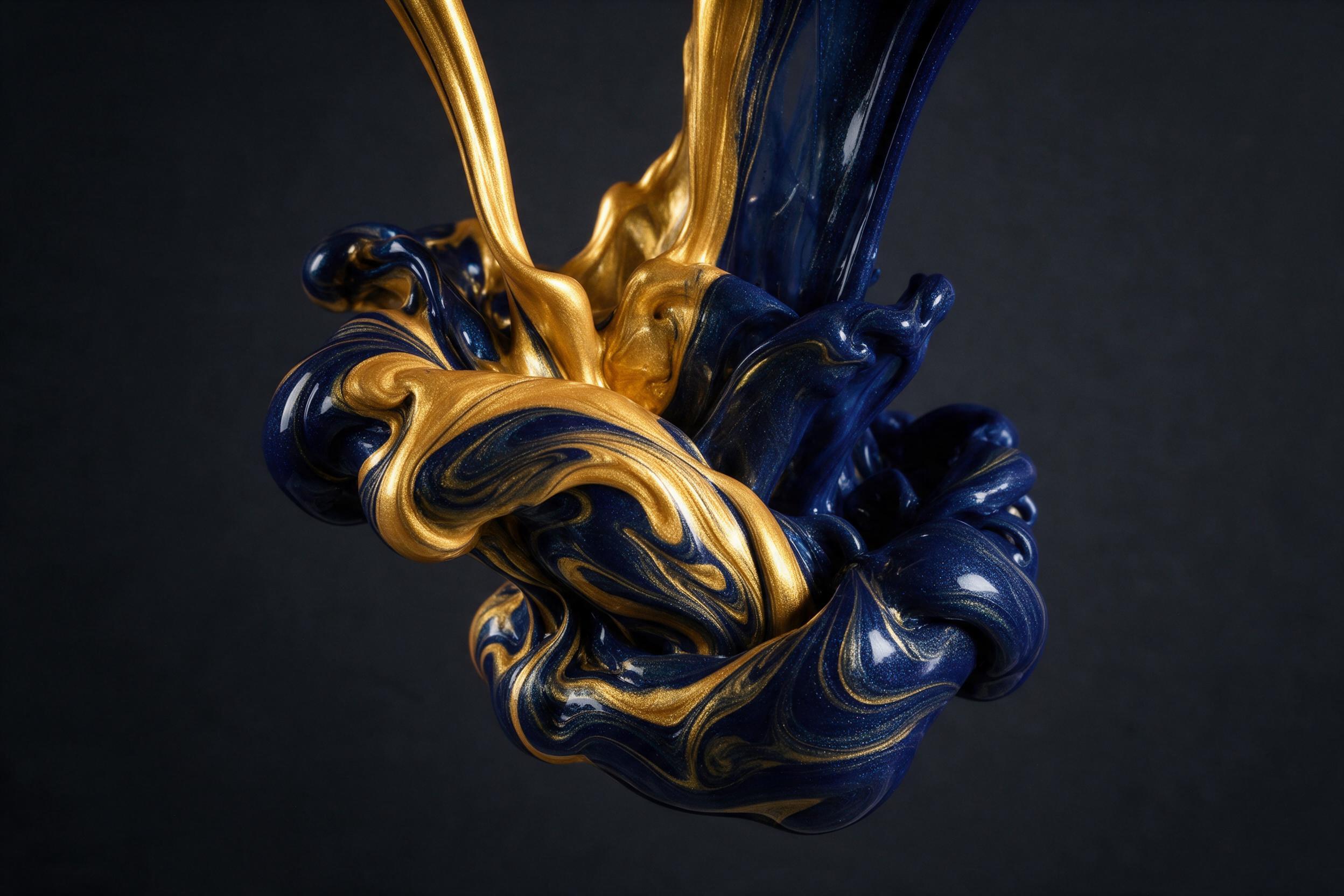 Pouring molten gold and deep indigo liquid paint, intertwining in slow motion, creating intricate fluid marble patterns, dramatic side lighting with sharp reflections, dark matte background, minimal composition, seamless studio shot, no people.