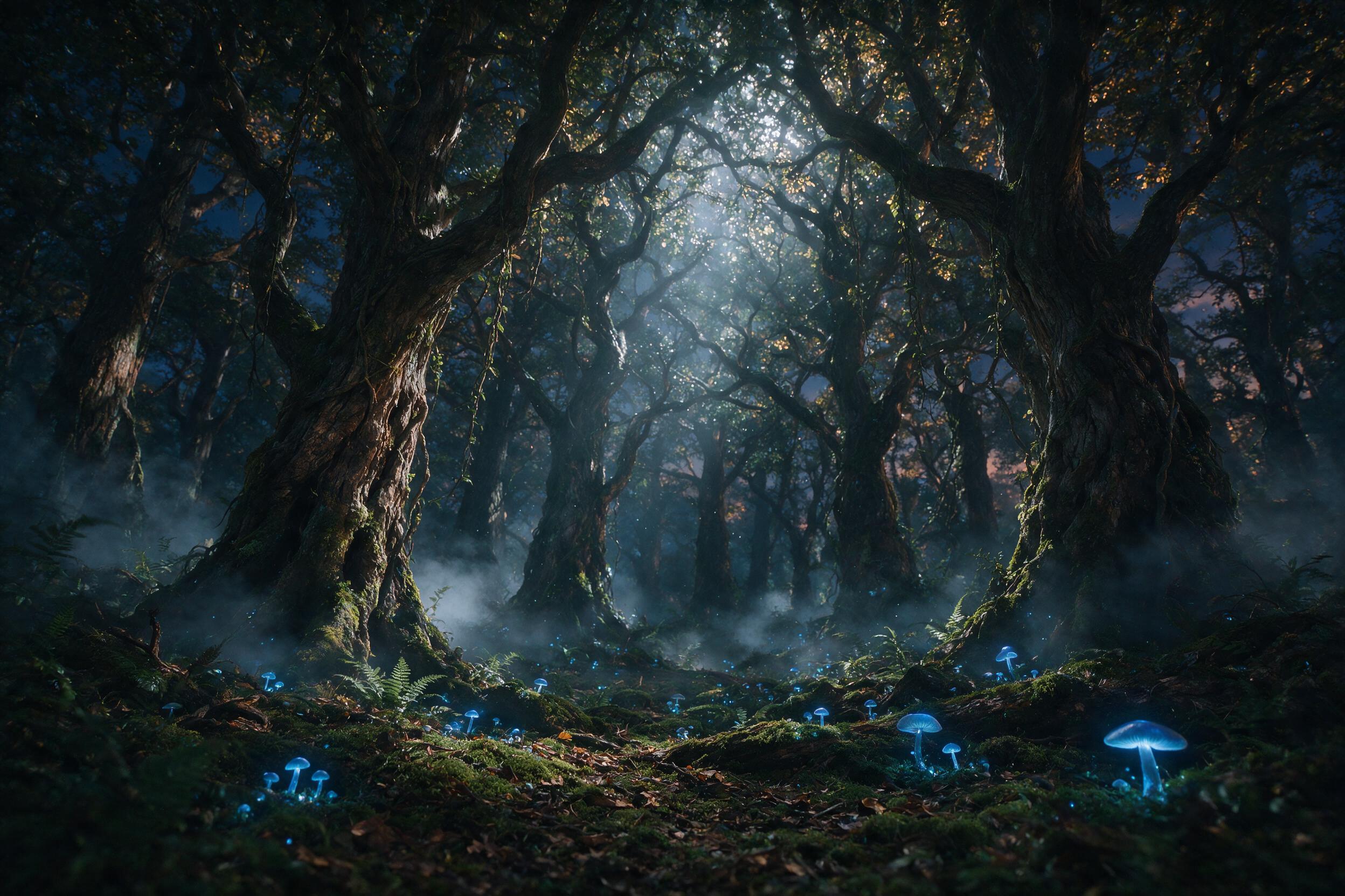 Enchanted forest at twilight, glowing blue mushrooms scattered on mossy ground, a faint mist rising between ancient twisted trees, beams of silver moonlight piercing through the canopy, slight camera shake, soft natural lighting, rich earthy tones