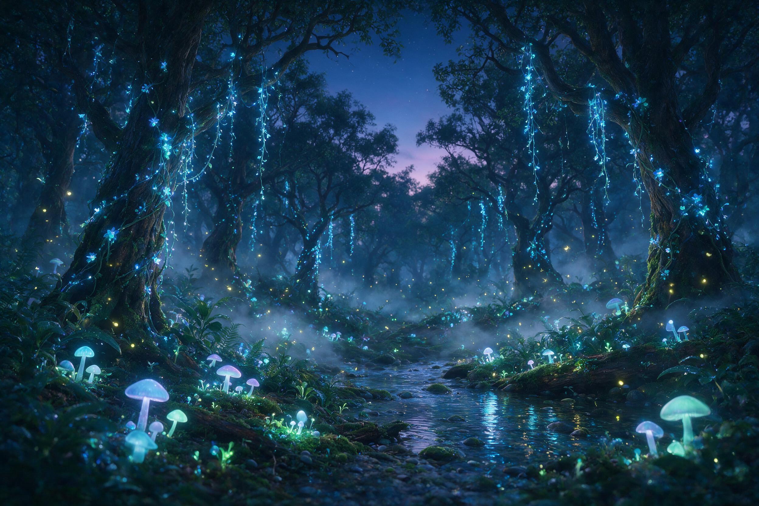 A luminous forest at twilight, glowing mushrooms and bioluminescent vines hanging from ancient trees, a gentle stream reflecting soft blue light, fireflies floating in mid-air, misty atmosphere, soft focus, ethereal and dreamlike mood