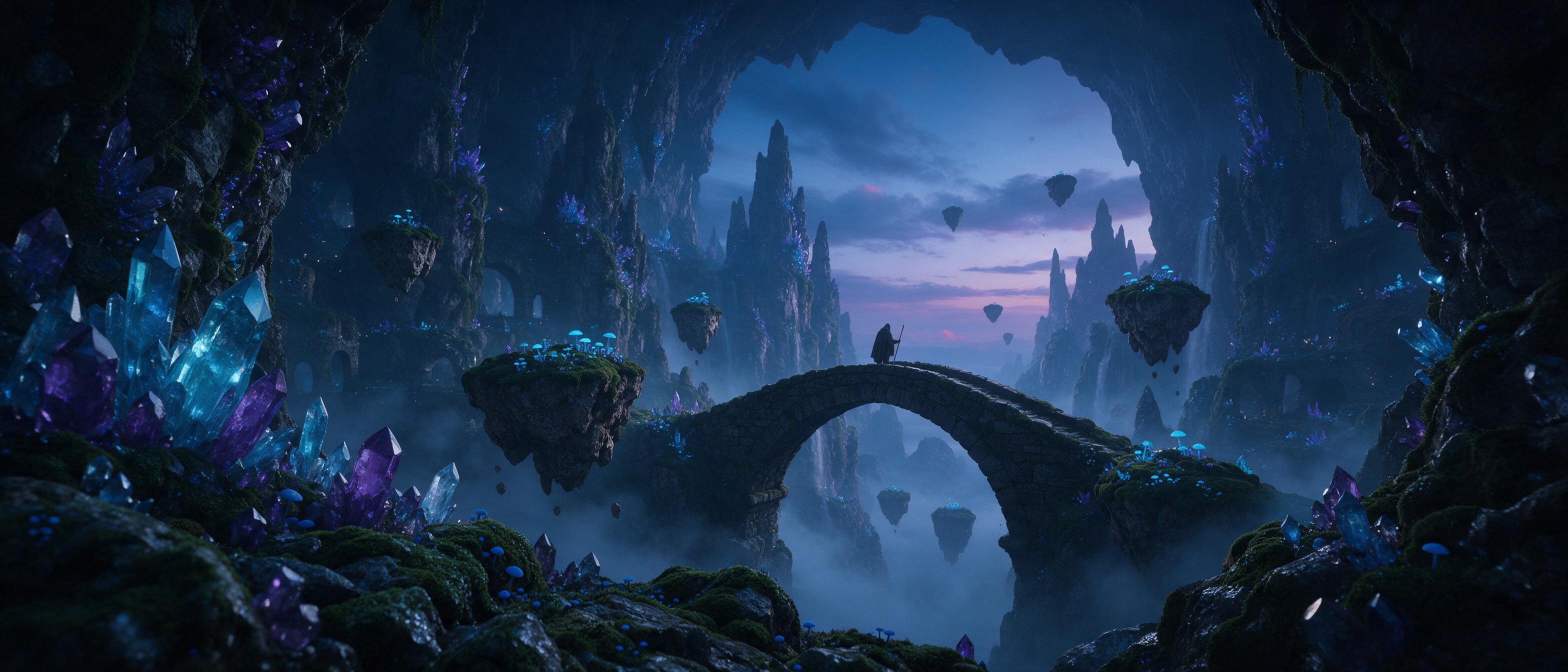 A vast glowing crystal cavern beneath a twilight sky, floating islands of mossy rock and glowing blue mushrooms, a lone cloaked figure on a stone bridge, soft mist, and bioluminescent light casting dreamlike shadows, cinematic wide shot