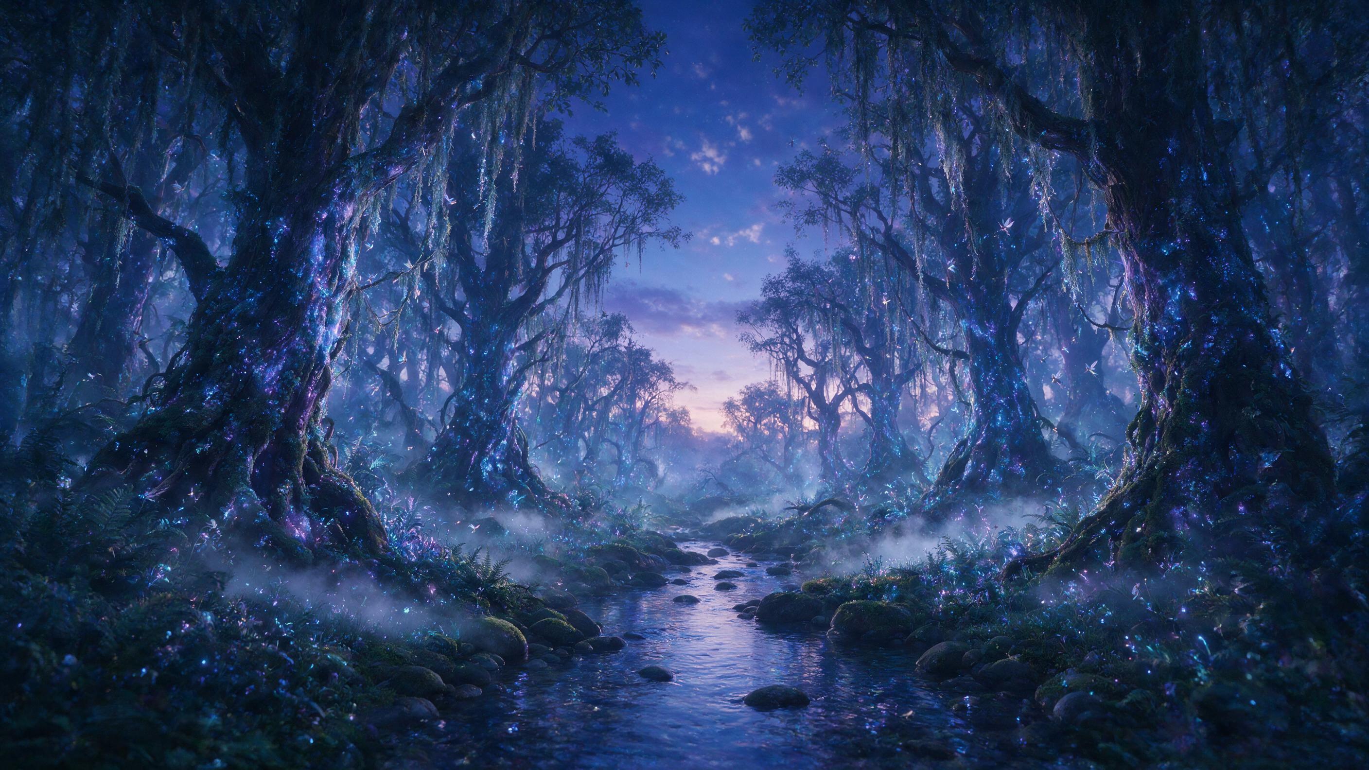 A glowing, bioluminescent forest at twilight, with ancient, gnarled trees emitting soft blue and purple light, tiny winged fairies flitting between hanging moss, a shallow stream reflecting the ethereal glow, mist creeping along the ground, shot with a wide-angle lens, natural haze, soft diffused li
