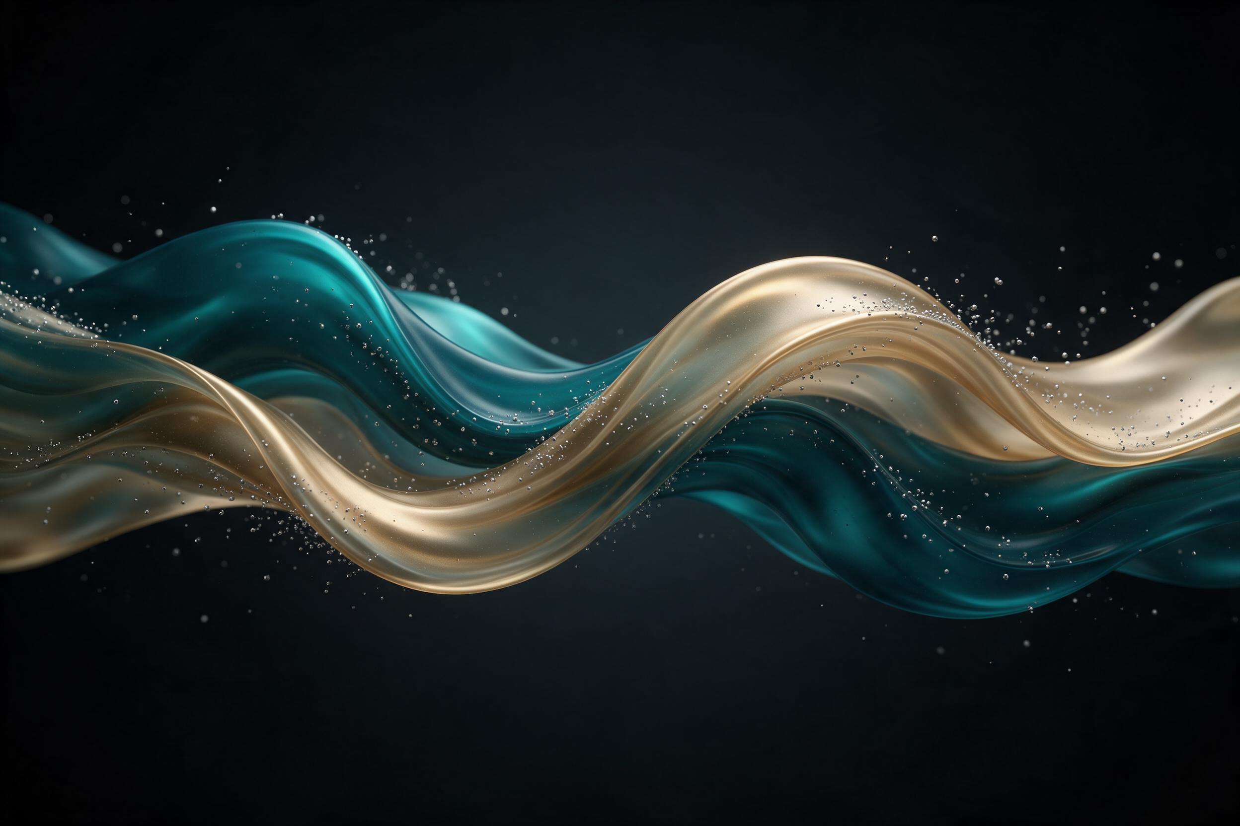 Fluid streams of teal and gold intertwine over a charcoal-black void, caught mid-sway by a soft studio glow. Edges blur and fold like silk underwater, with fine silver particles drifting along the curves. Minimalist composition, subtle vignette, no lens flare, no distortion.