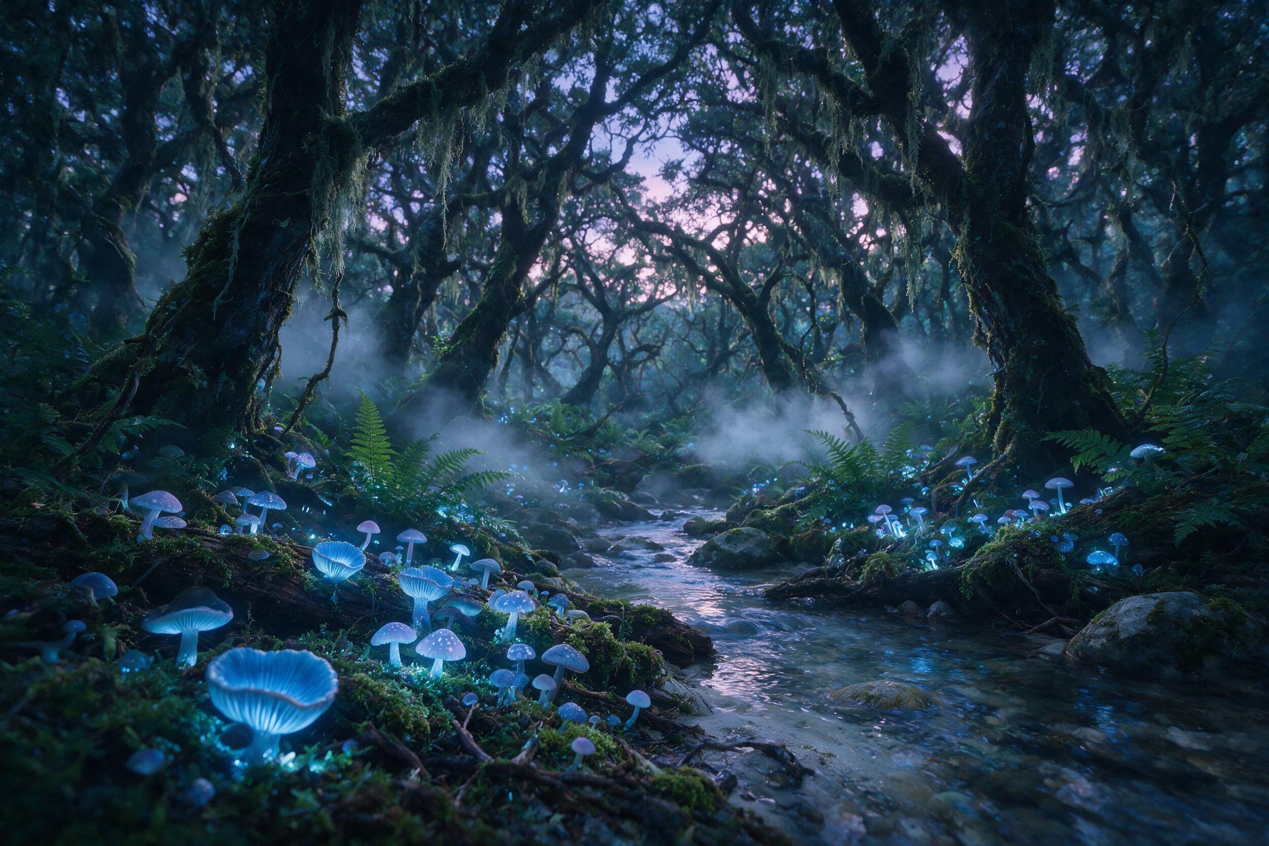 A mystical forest at twilight, glowing mushrooms casting soft blue light on moss-covered roots, a gentle stream winding through ancient trees, mist swirling between ferns, ethereal atmosphere, soft diffused lighting, shallow depth of field, cinematic composition.