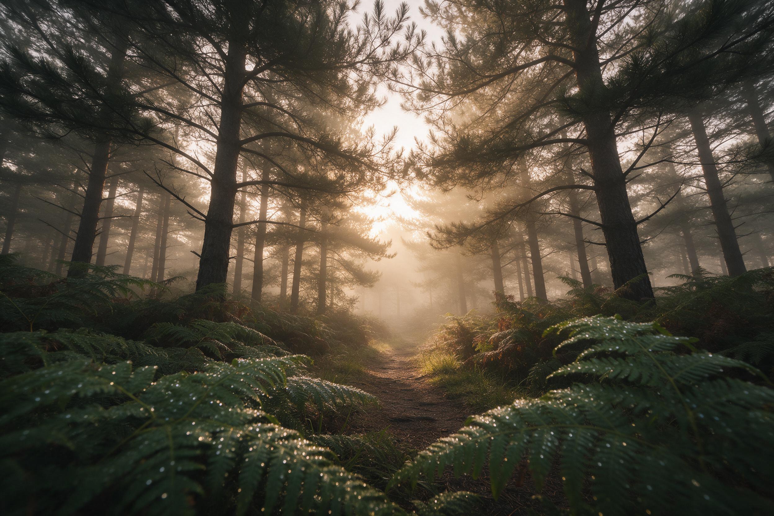 A misty pine forest at dawn, soft golden rays filtering through dense branches, a narrow dirt path winding forward, dew-covered ferns in foreground, atmospheric haze, low-angle view, natural morning light with warm tones, gentle color grading, no people, no man-made objects.