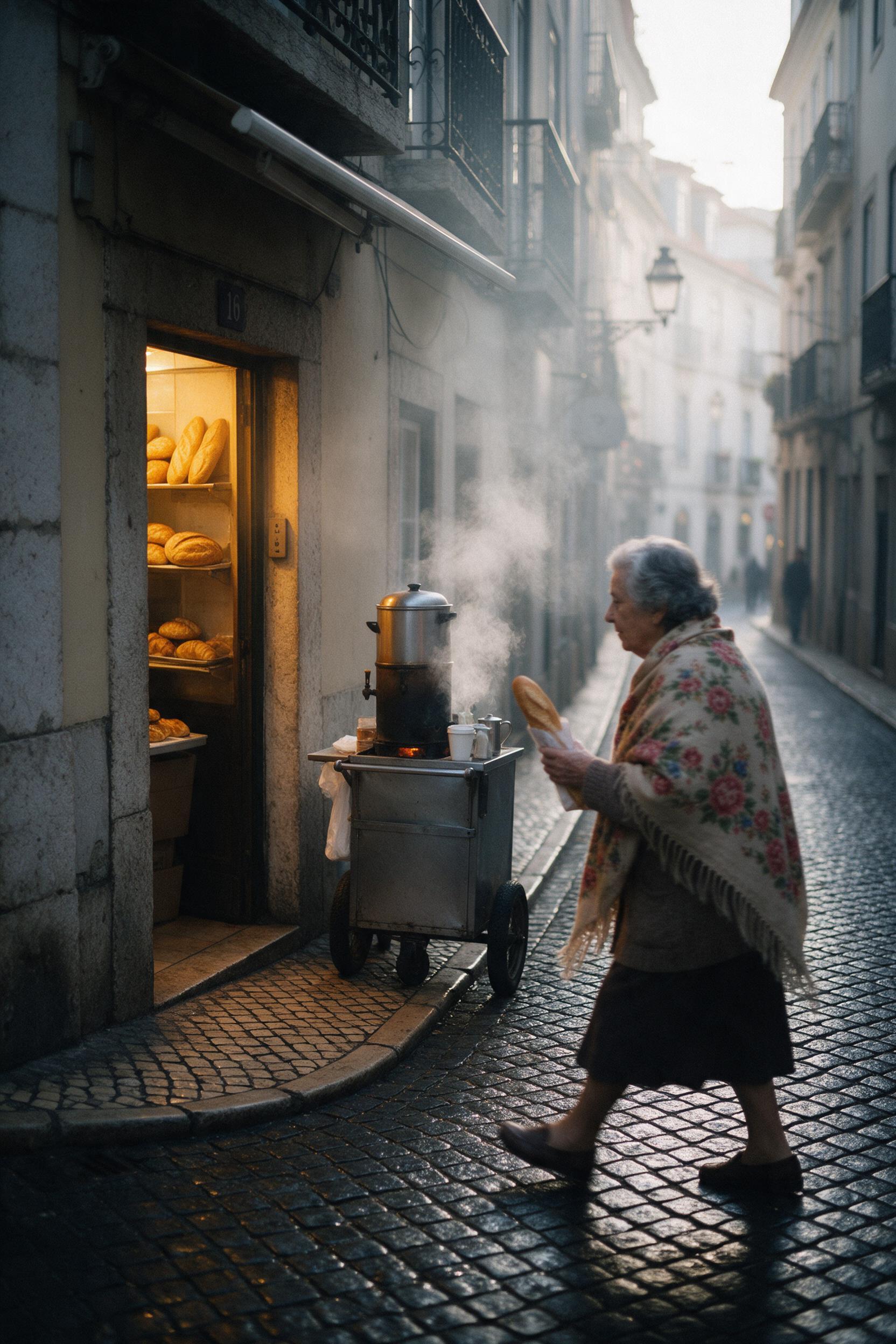 A narrow morning street in Lisbon, cobblestones glistening with dew, warm yellow light spilling from a tiny bakery doorway, steam curling from a coffee cart, elderly woman in a floral shawl crossing with a baguette, shallow depth of field, soft haze, film grain, slight motion blur on her steps