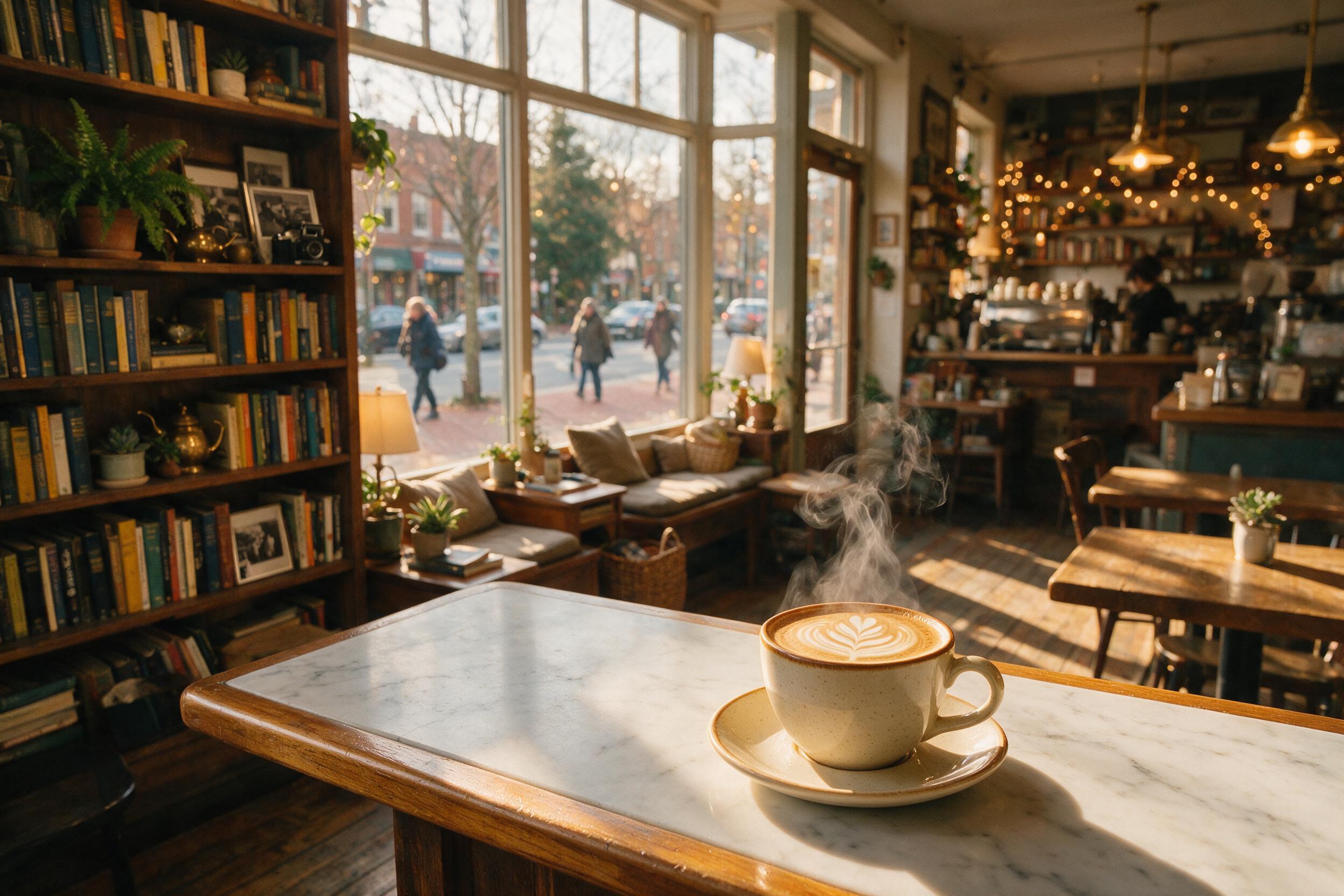A cozy, warm-lit coffee shop interior during golden hour, sunlight streaming through large windows, casting long shadows on wooden tables, shelves lined with books, a steaming latte on a marble counter, soft bokeh in background, slight grain from natural light, candid street photography style, no pe