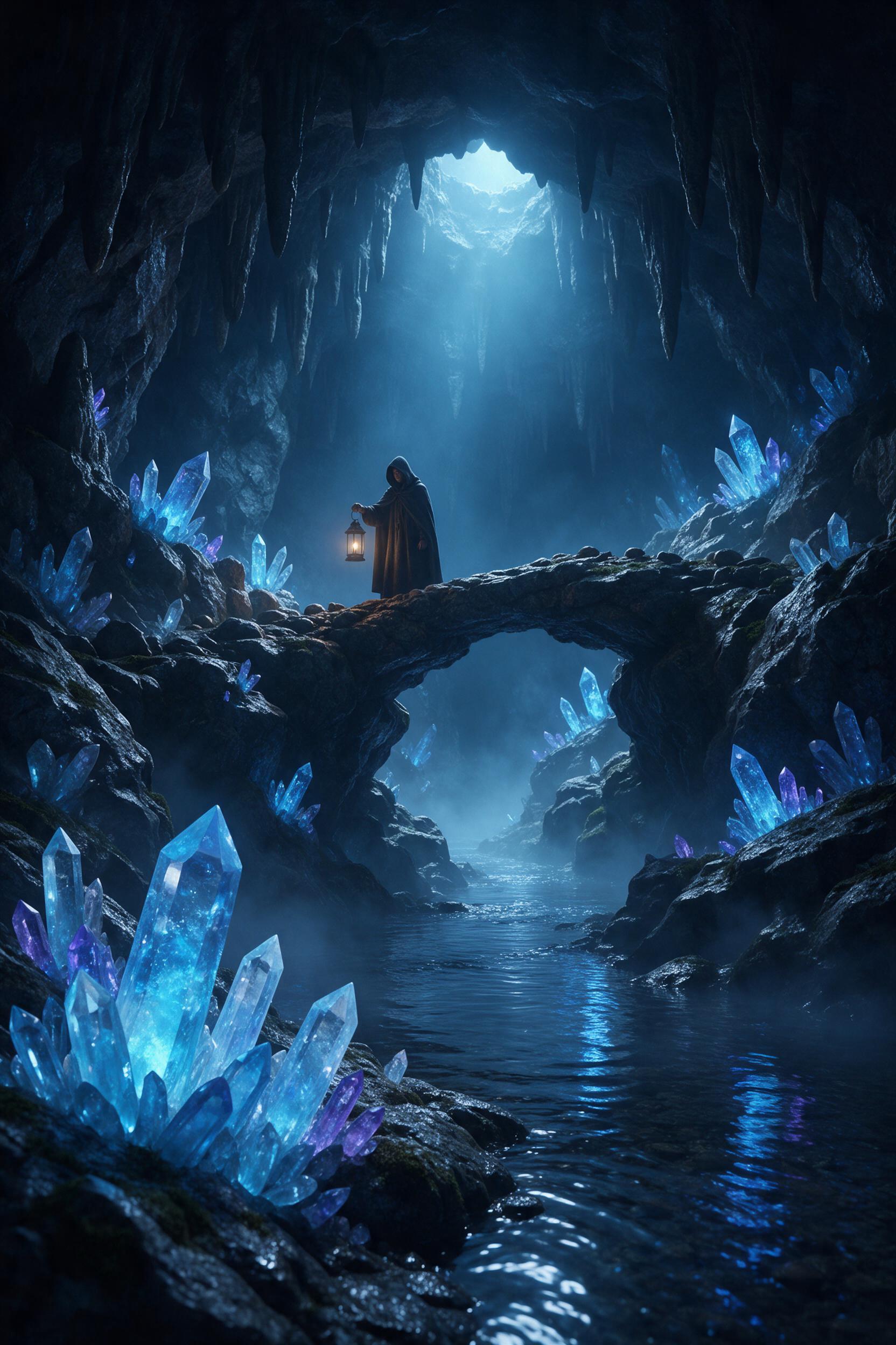 A moonlit crystal cavern, bioluminescent blue and purple crystals jutting from wet stone, a narrow stream reflecting the glow, a small cloaked figure with a lantern on a rock bridge, mist weaving through stalactites, cool blue palette, soft volumetric light rays.