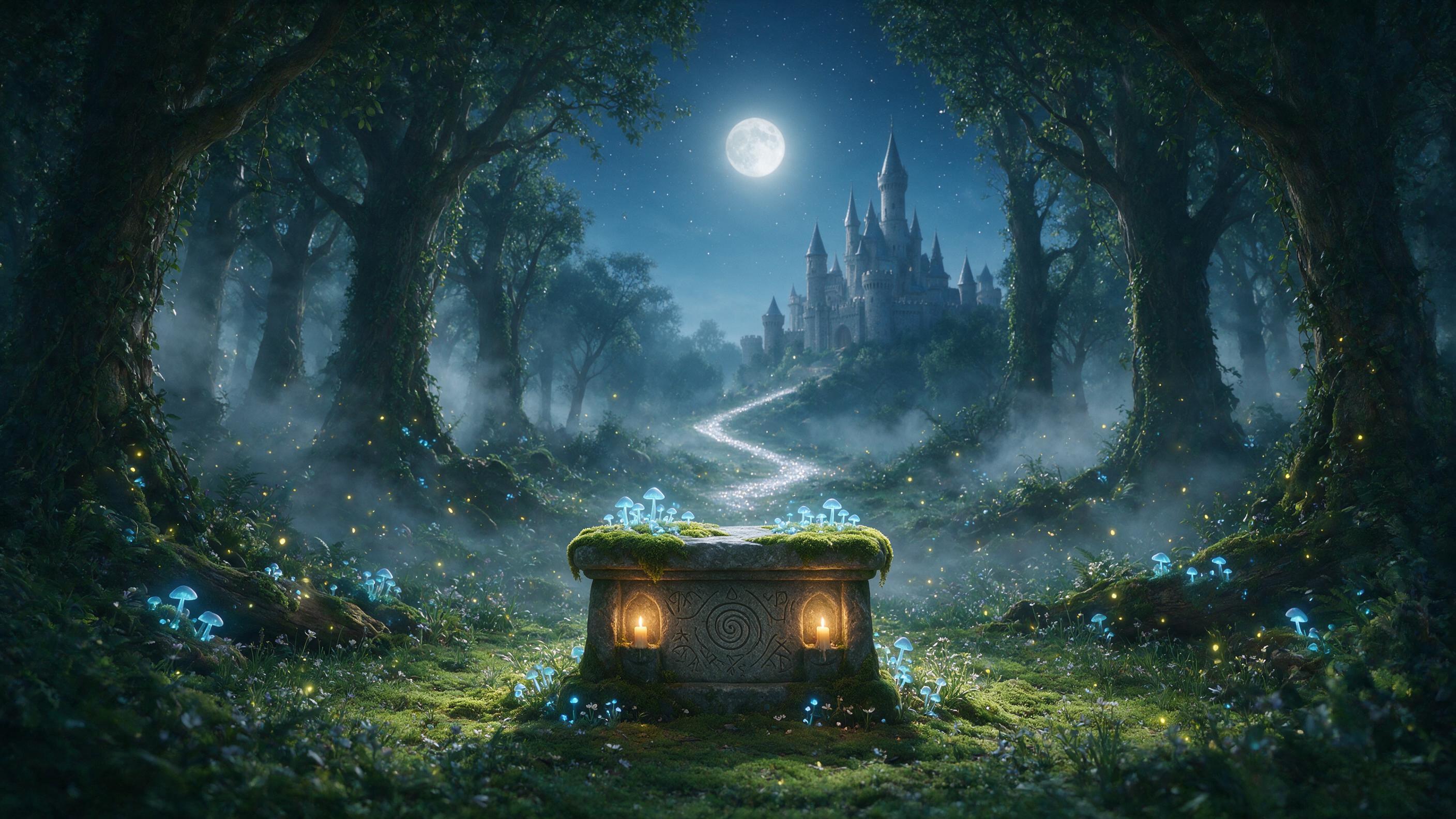 A moonlit forest clearing where glowing blue mushrooms and fireflies cast soft light on a mossy stone altar. Mist curls between ancient trees, a faint silver path leads to a distant castle silhouette. Composition centers on the altar, with a gentle wide-angle view.