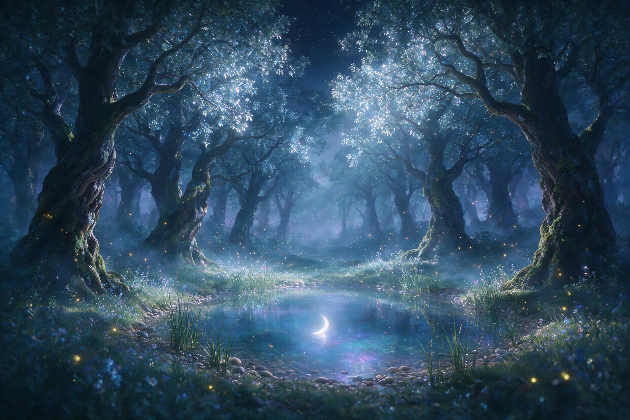 A hidden moonlit forest glade, ancient gnarled trees with glowing silver leaves, a small crystal-clear pond reflecting a crescent moon, fireflies drifting in soft mist, ethereal blue and violet hues, gentle rays of moonlight piercing the canopy, serene and magical atmosphere, slight painterly textur