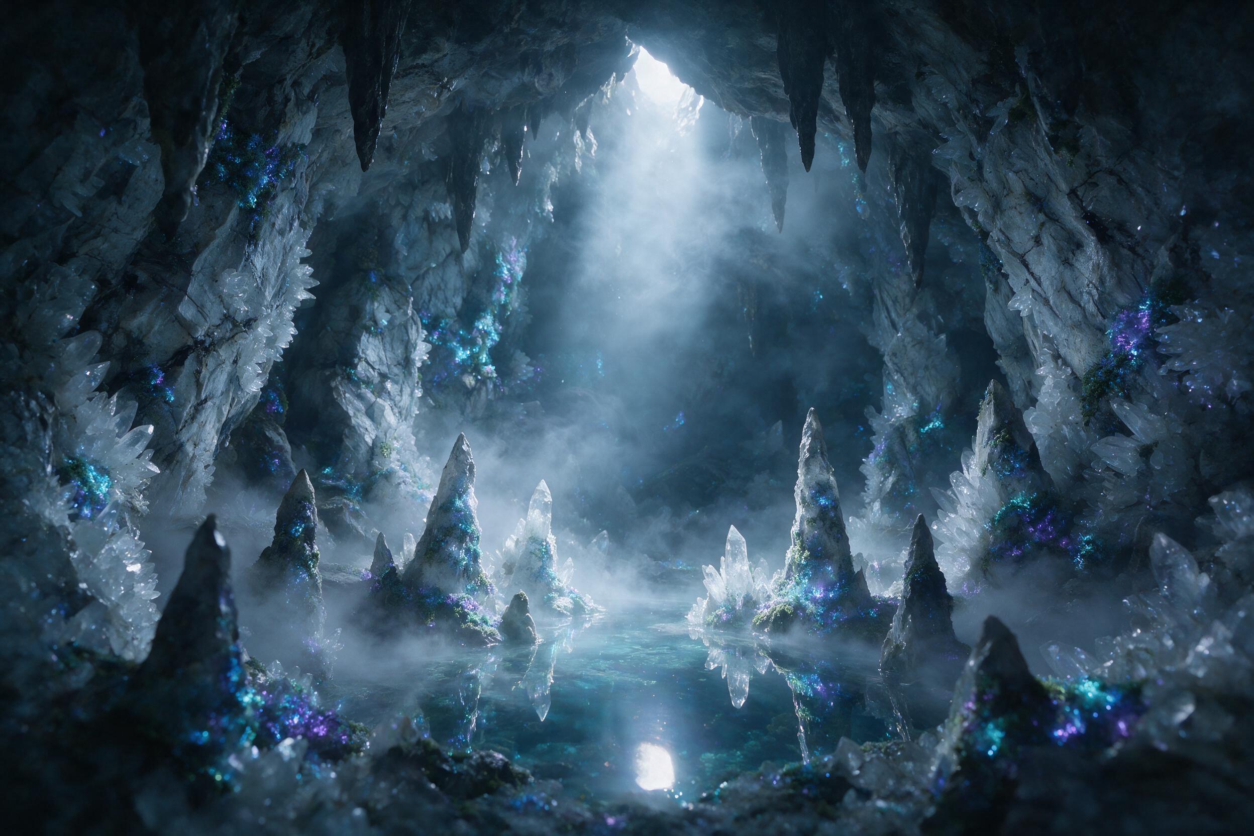 A glowing crystal cave deep underground, bioluminescent blue and purple moss clinging to jagged walls, a single beam of moonlight piercing through a crack above, illuminating a small pool of still water, mist swirling, ethereal atmosphere, soft focus