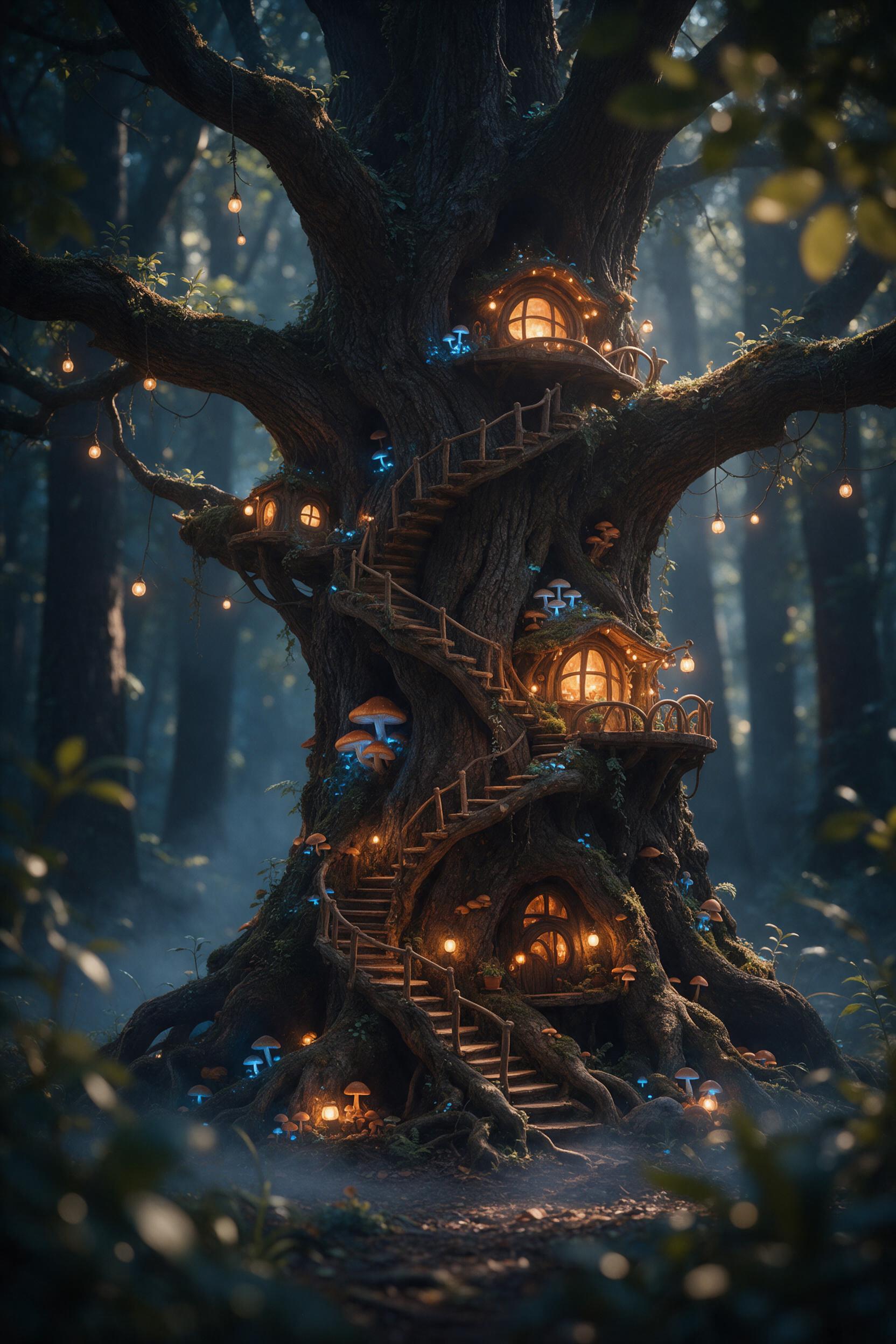 A hidden fairy village nestled inside a giant ancient oak tree, glowing bioluminescent mushrooms illuminate winding spiral staircases, tiny lanterns hang from mossy branches, misty forest floor below, soft warm golden light contrasts with cool blue shadows, shallow depth of field with foreground lea