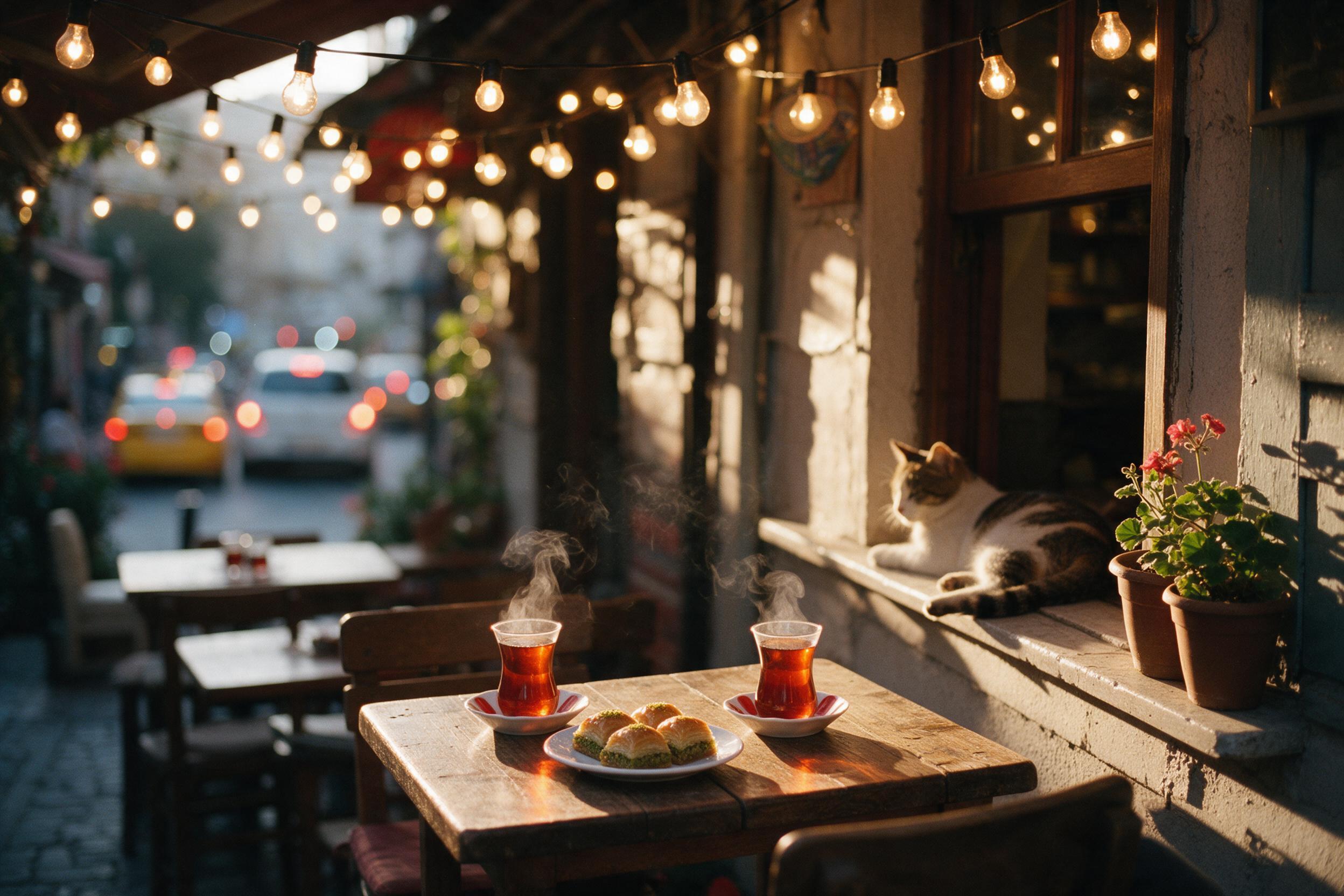 A cozy Istanbul street cafe at golden hour, warm string lights draped overhead, weathered wooden tables with Turkish tea glasses and baklava, a cat lounging on a windowsill, soft bokeh from distant traffic, gentle steam rising, intimate atmosphere, shot on 35mm film, slight grain, natural warm tones