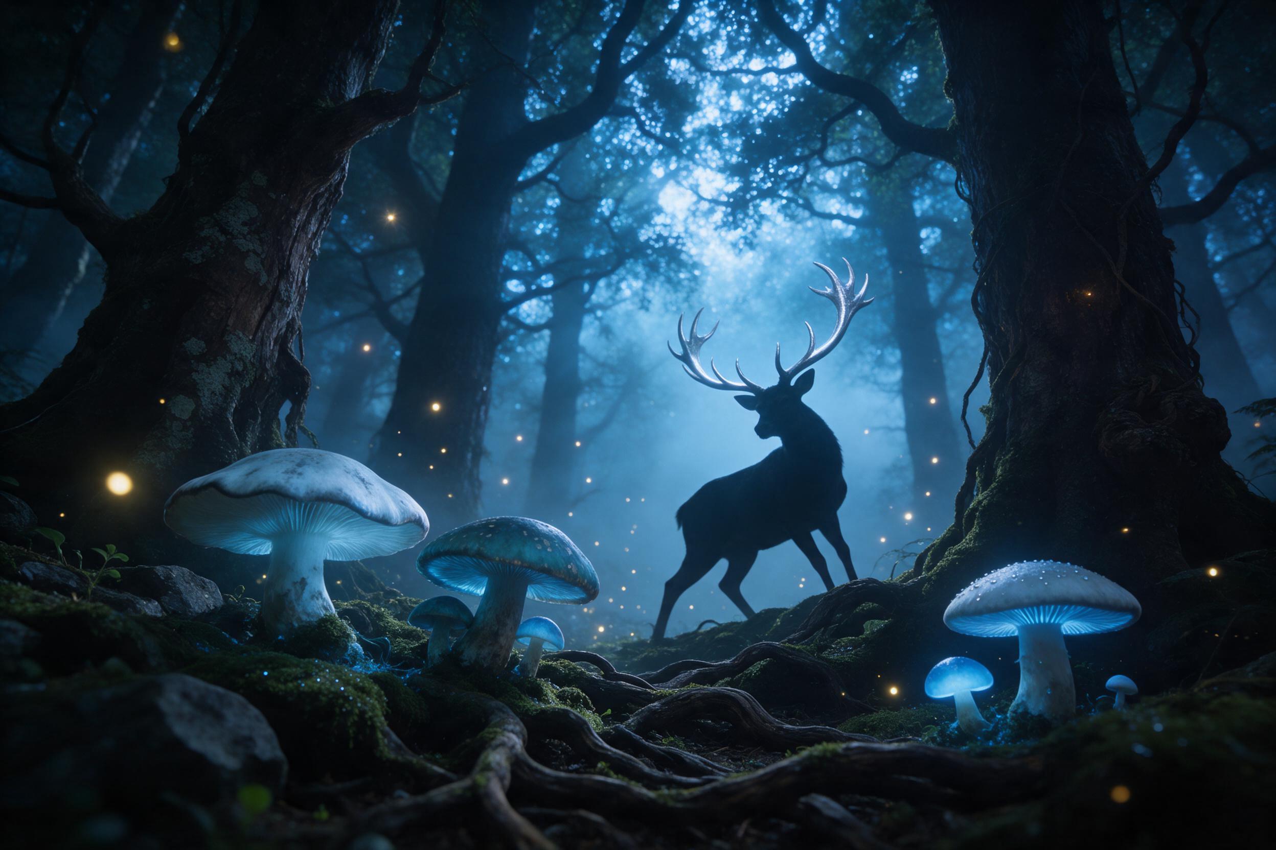 A misty ancient forest where giant glowing mushrooms cast soft blue light onto winding moss-covered roots. Fireflies drift like tiny lanterns. A lone deer with silver antlers pauses, looking back over its shoulder. Composition: low angle, deer silhouetted against the luminous canopy. Soft volumetric