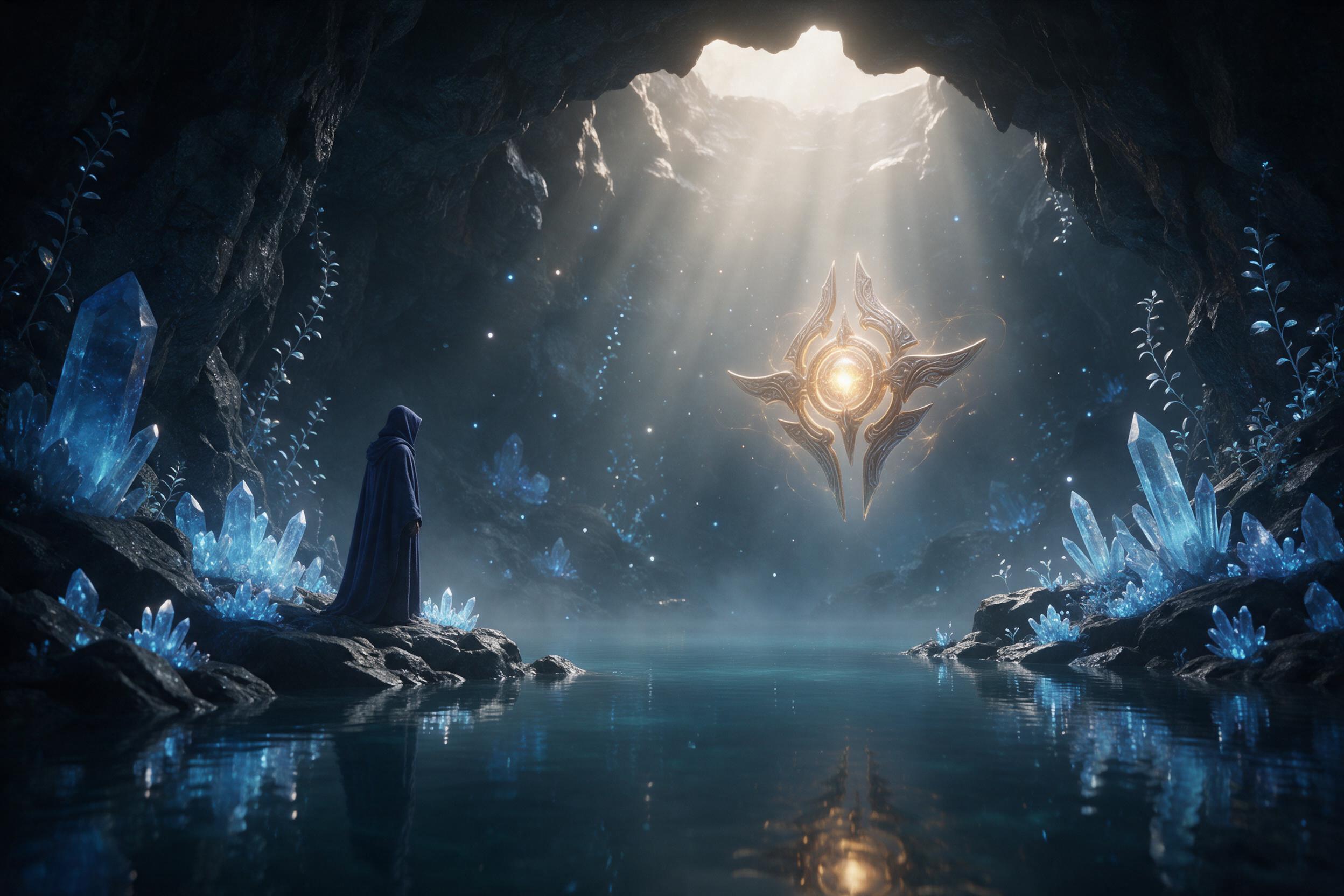 A hidden crystalline cave with glowing blue crystals, bioluminescent plants laced along rock walls, soft light rays filtering through a misty opening above, a single hooded figure observing a floating ancient relic, ethereal atmosphere, subtle reflections on still underground pool