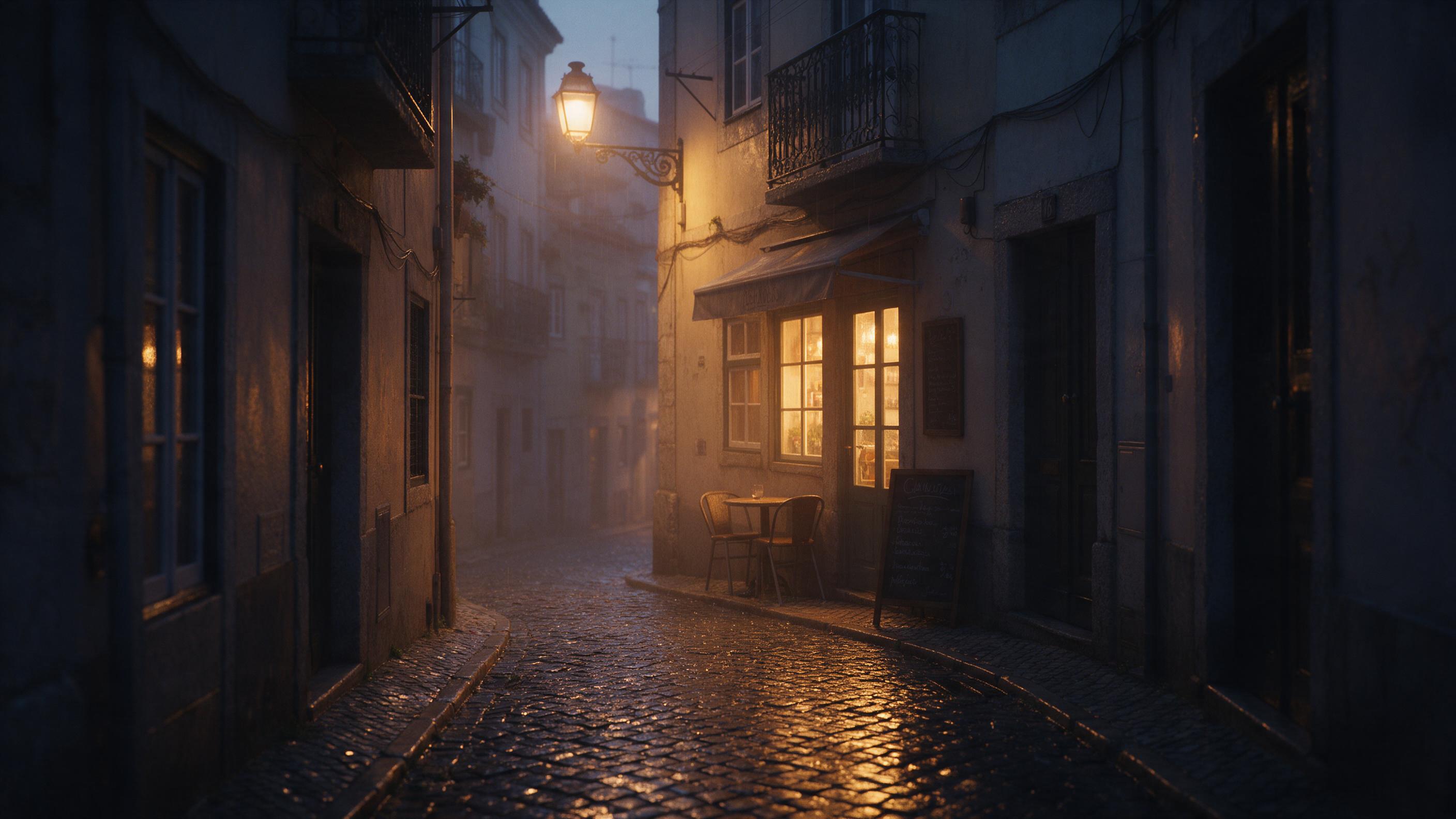 A narrow old-town alley in Lisbon at dusk, warm yellow streetlight reflecting on wet cobblestones, a lone café with glowing windows and chalkboard menu, gentle rain drizzle, soft haze in the air, muted blue shadows, intimate atmosphere, 35mm lens, shallow depth of field