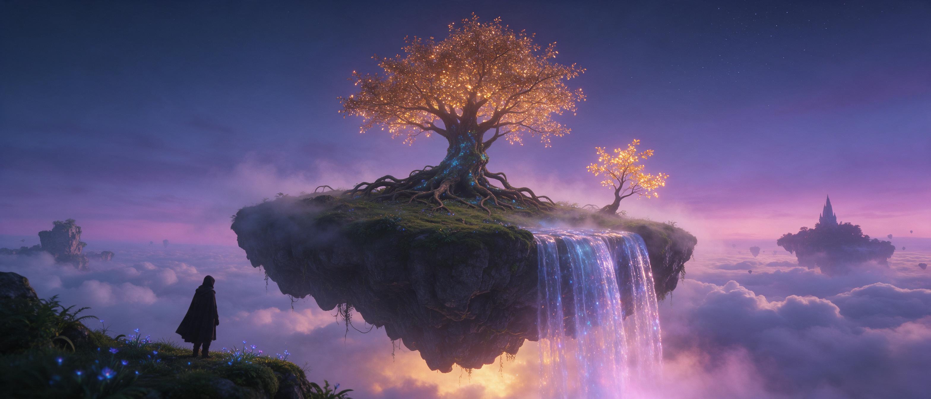 A floating island in a twilight sky, a crystal waterfall cascading into the clouds, ancient glowing trees with bioluminescent leaves, a lone silhouette standing at the rocky edge, warm amber light from below, cool violet horizon, soft mist, cinematic wide shot