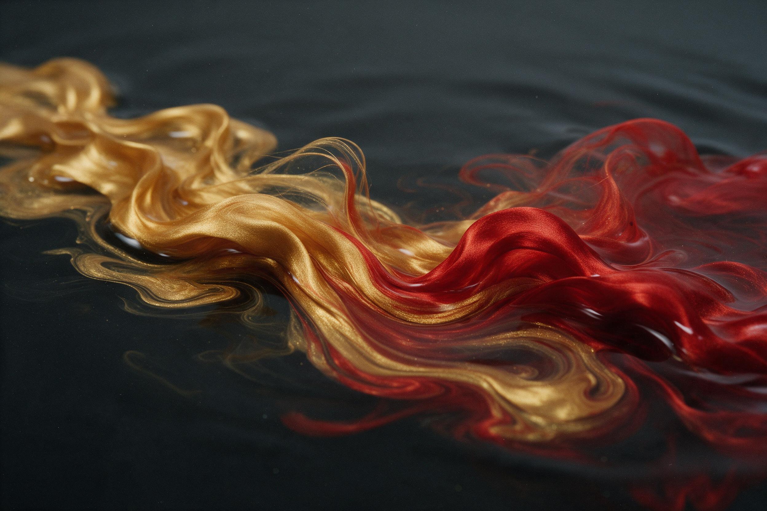 Molten gold and crimson silk flowing through dark water, creating swirling liquid marble patterns, soft studio lighting reflecting off glossy surface, minimalist composition with negative space, fine film grain, no people or text.