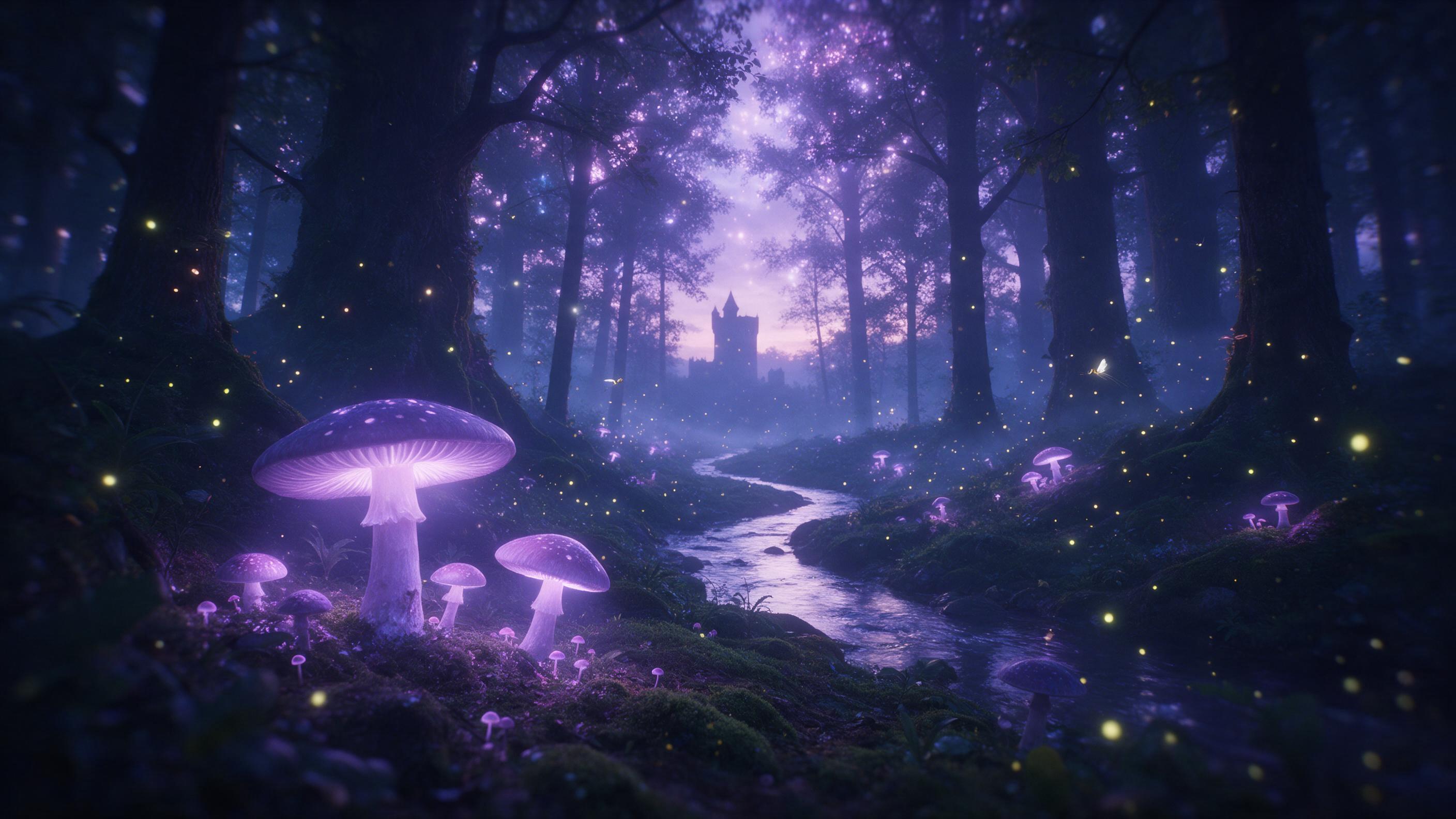 Enchanted ancient forest at twilight, colossal glowing mushrooms casting soft purple light on mossy ground, ethereal fireflies dancing, a winding silver stream reflecting the luminous canopy, distant silhouette of a medieval tower, mystical fog, dreamy atmosphere, soft focus edges