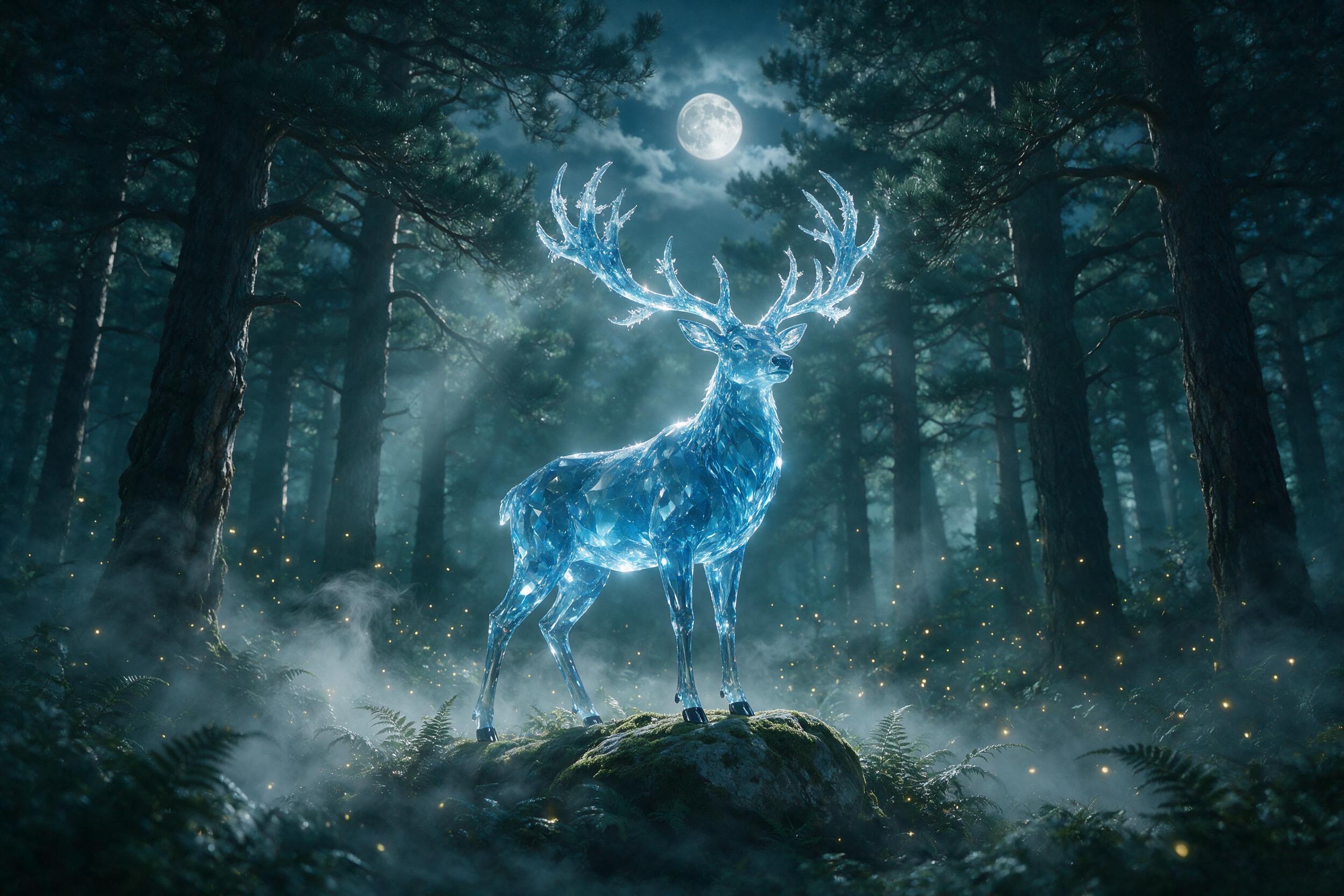 A glowing crystal stag with antlers of translucent blue ice stands in a moonlit forest, soft mist curling around its hooves, scattered fireflies, ethereal light rays piercing through ancient pines, cinematic composition, shallow depth of field, muted teal and silver palette.