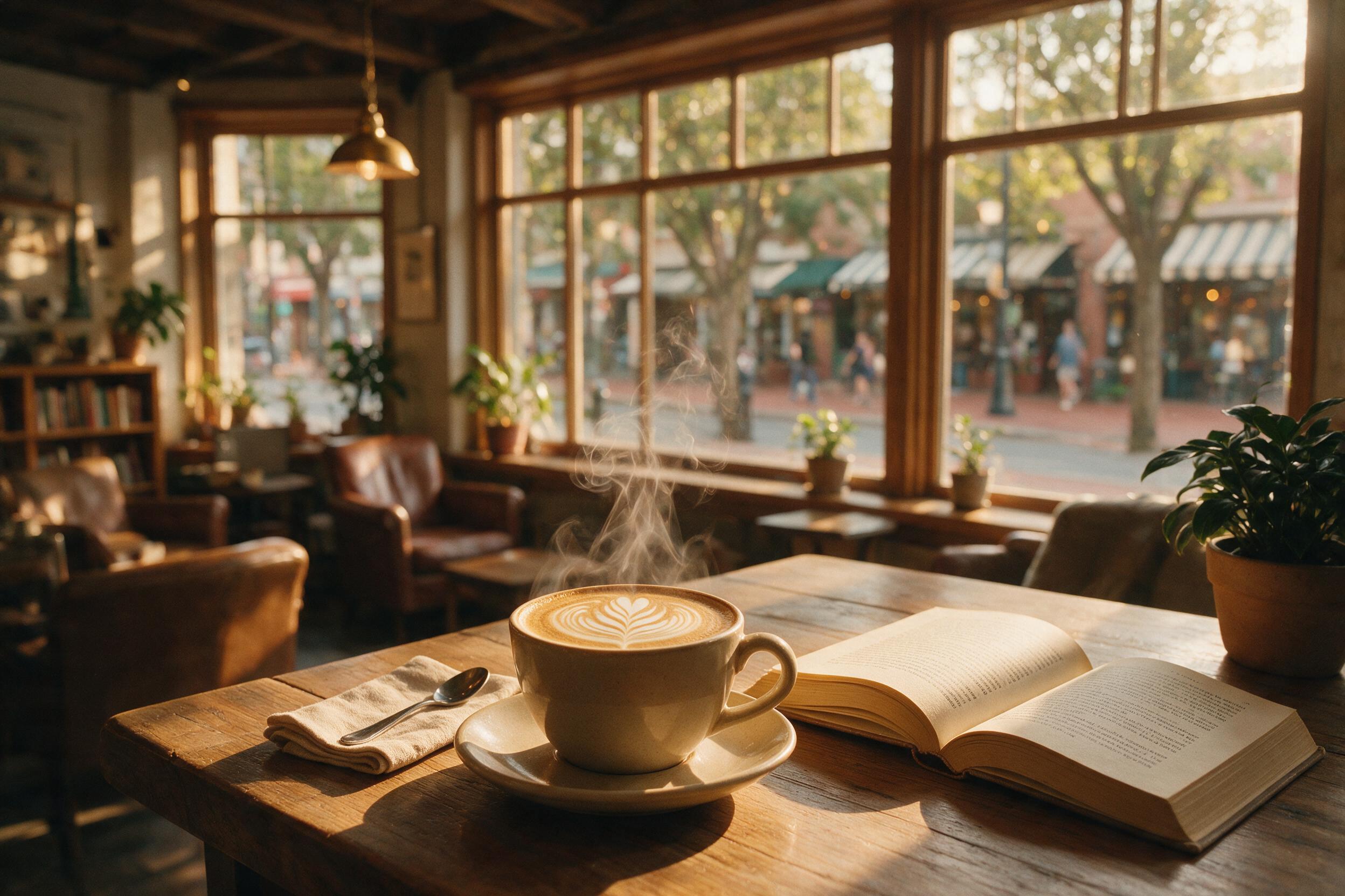 A cozy coffee shop interior, warm golden hour light streaming through a large window, casting soft shadows on a wooden table with a latte art cup and an open book, slight film grain, shallow depth of field focusing on the steam rising from the cup