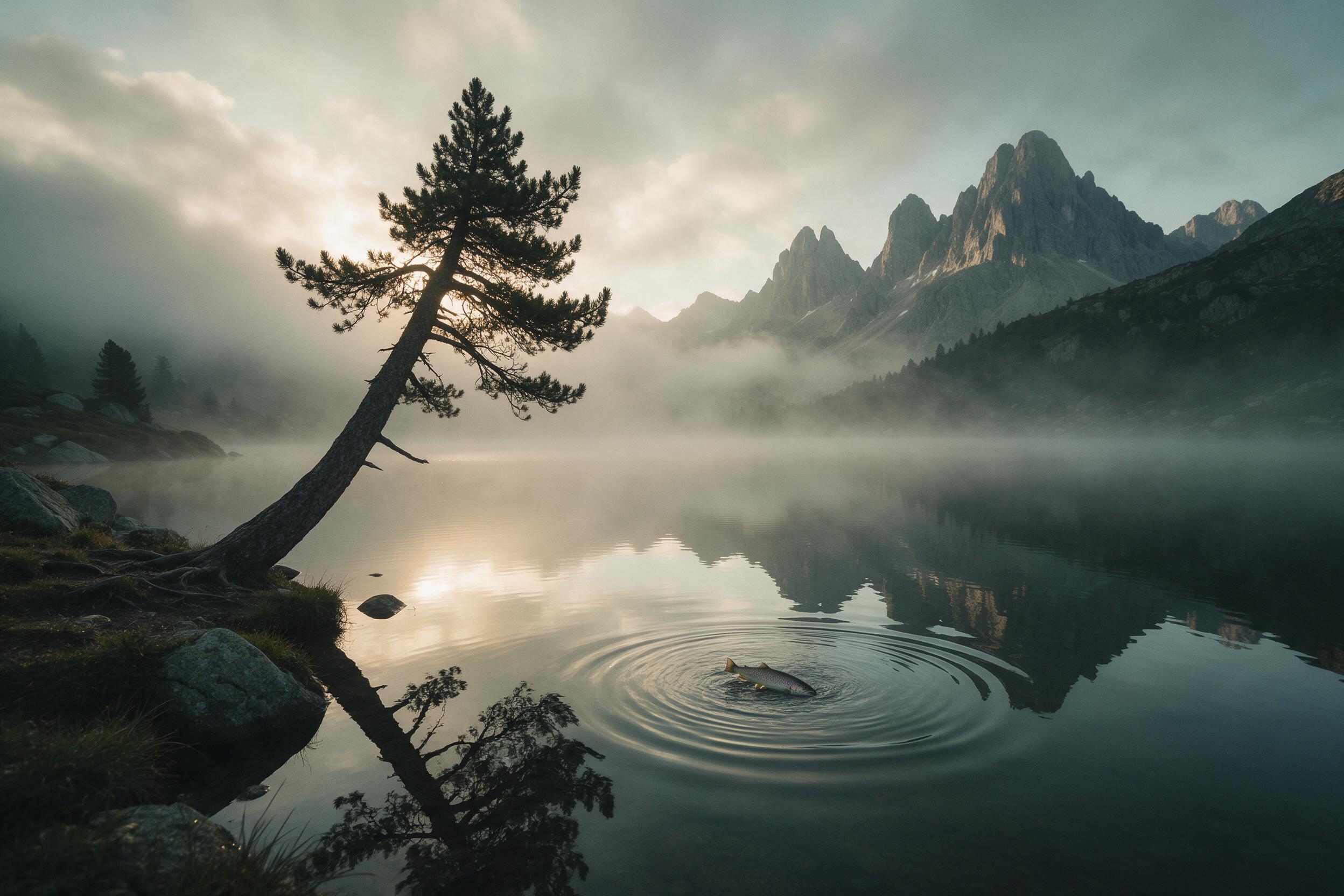 A misty alpine lake at dawn, still water reflecting jagged granite peaks, soft golden light breaking through low clouds, a lone pine tree leaning over the shore, gentle ripples from a rising trout, muted teal and amber tones, natural atmospheric haze in the distance, captured with a 35mm lens at f/8