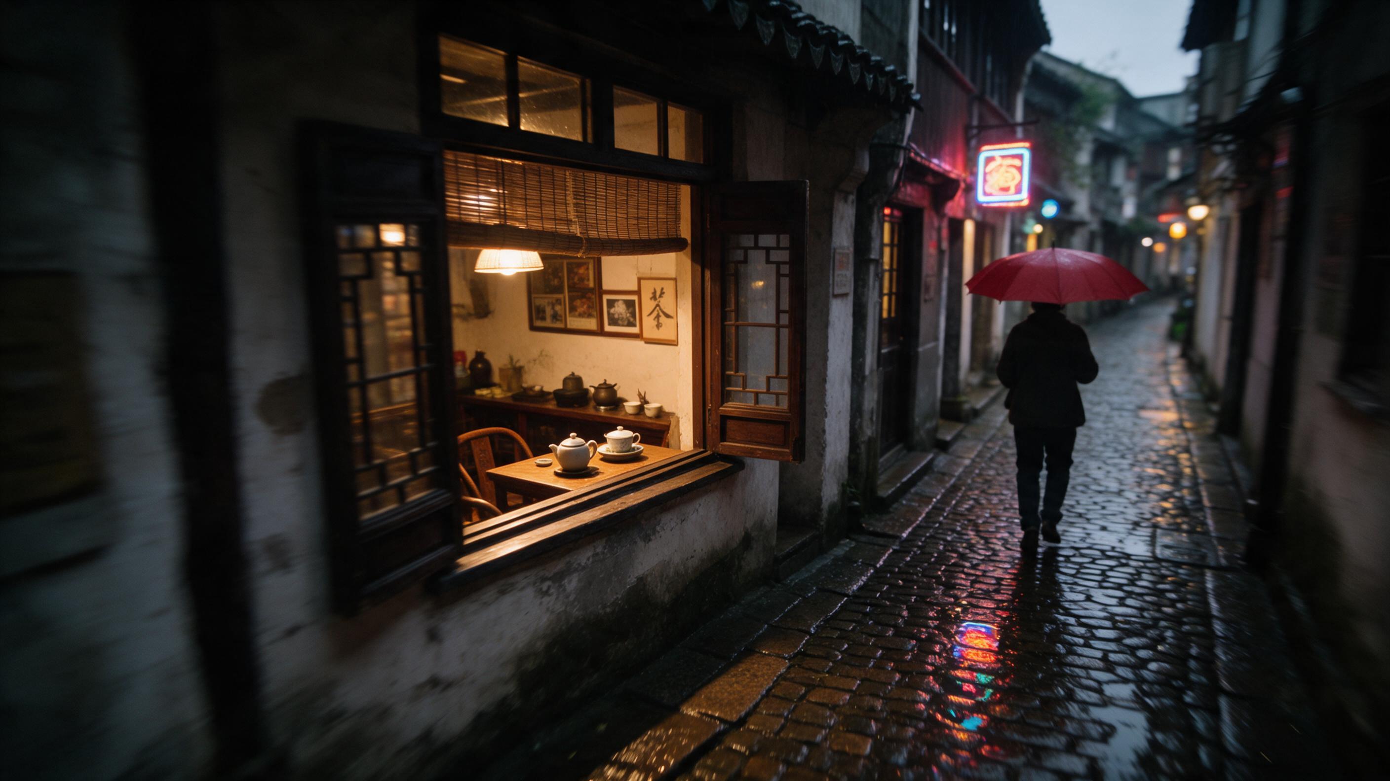 A rainy evening in a narrow old-town alley, warm light spilling from a traditional teahouse window onto wet cobblestones, a lone figure with a red umbrella walking away, wet reflections of neon signs, soft focus in background, slight camera shake, natural evening light.