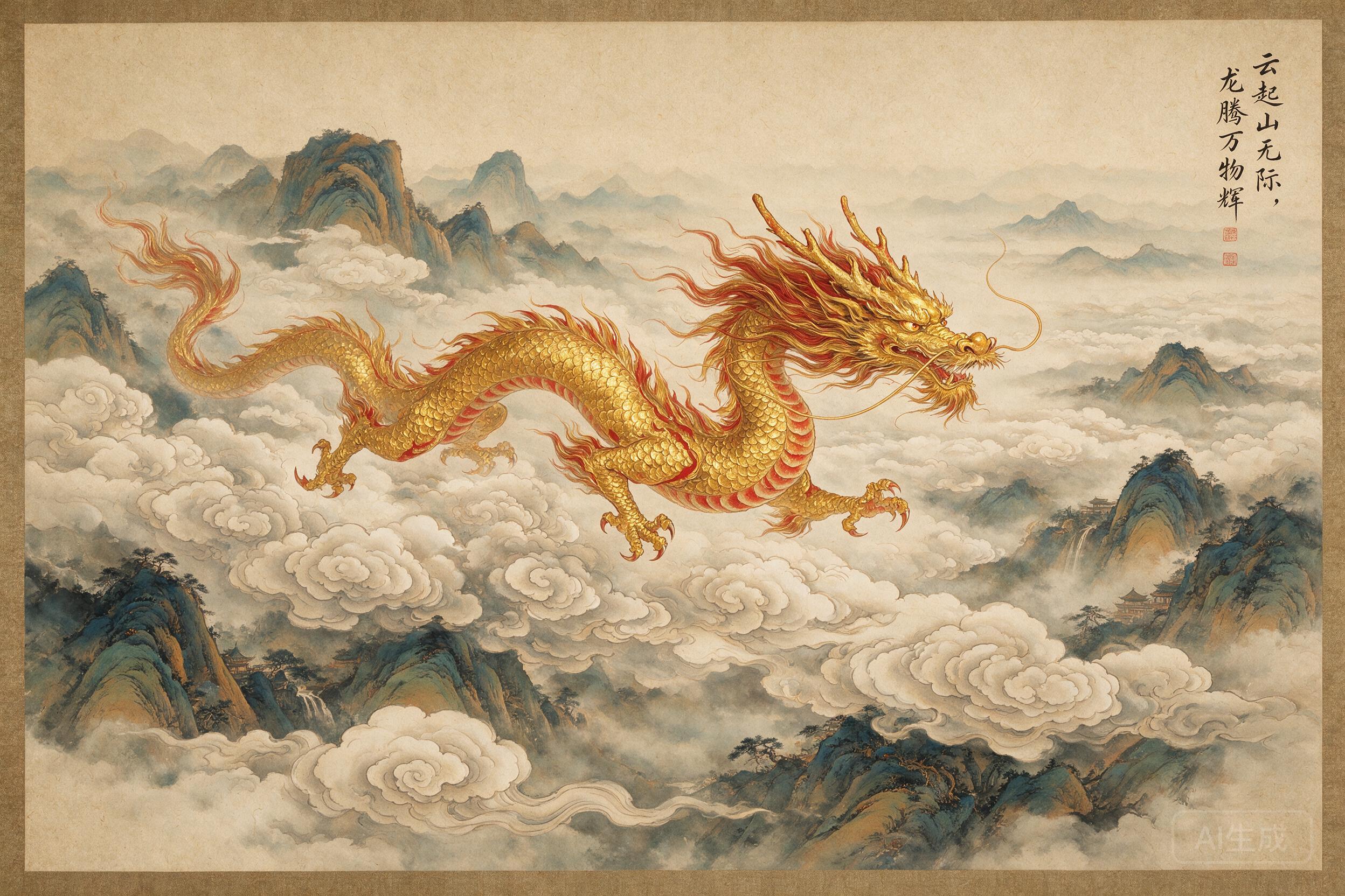A dragon soaring above cloud-covered mountains, traditional Chinese painting style, gold and red accents, majestic composition